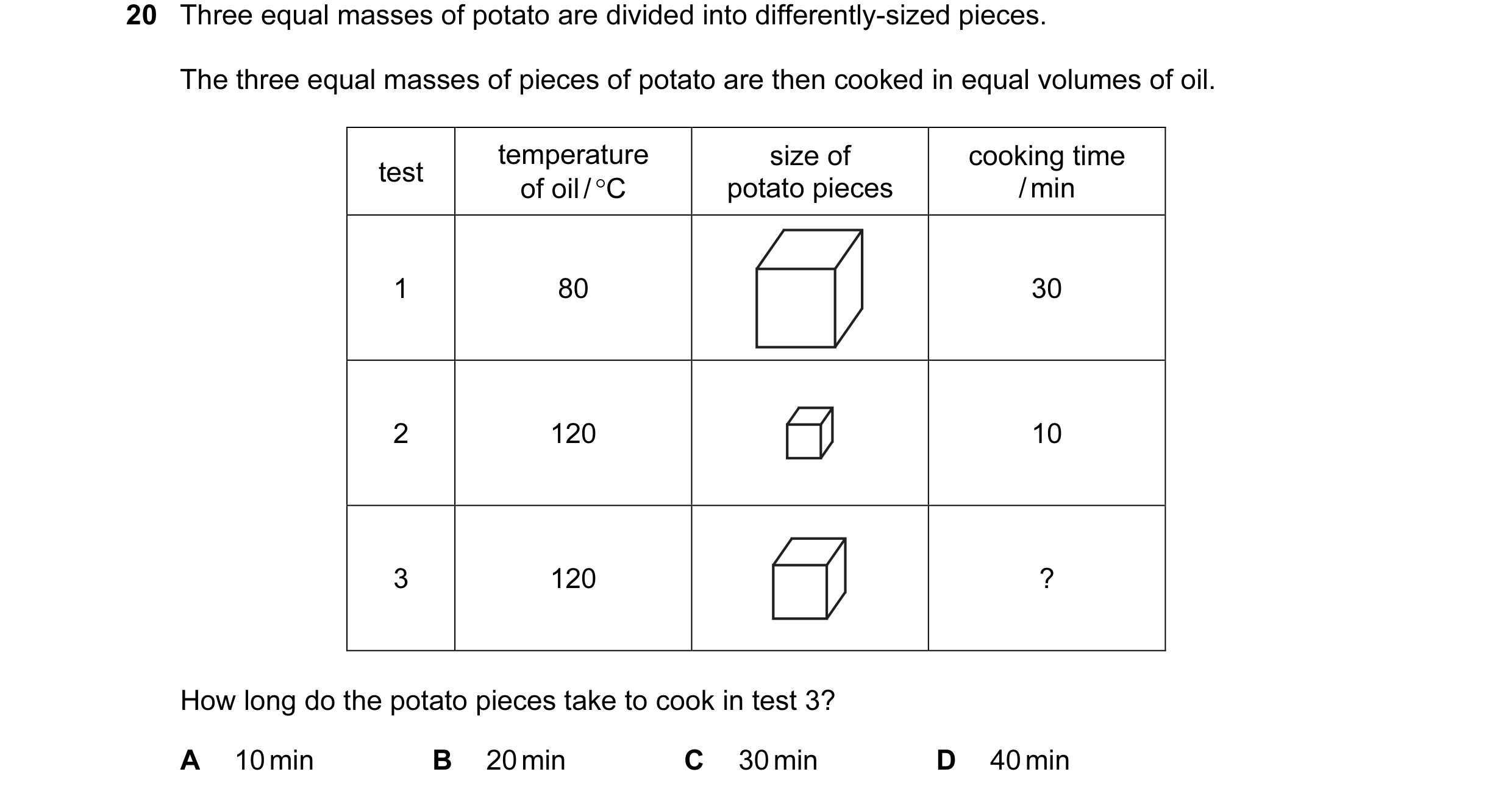 Question 11: Three equal masses of potato are divided into differently-sized pieces. The three equal masses of pieces of potato are then cooked in equal…
