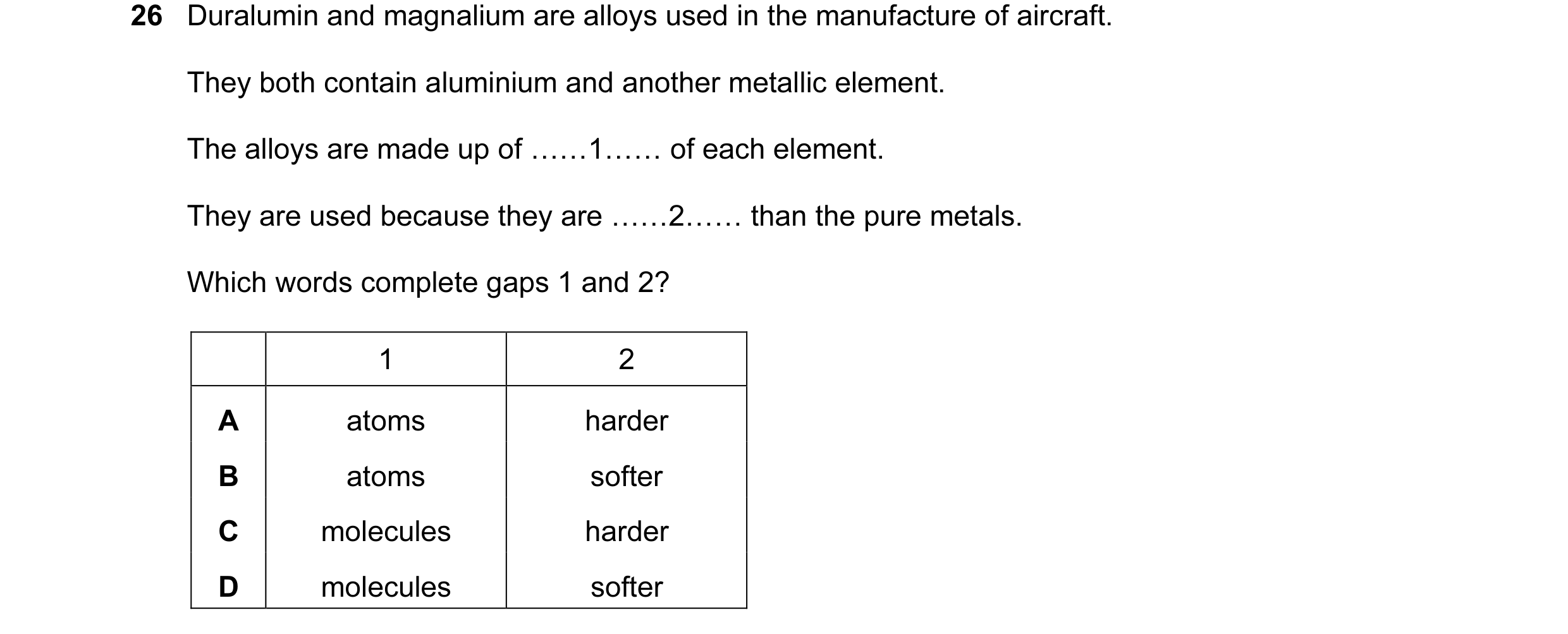 Question 2: Duralumin and magnalium are alloys used in the manufacture of aircraft. They both contain aluminium and another metallic element. The alloy…
