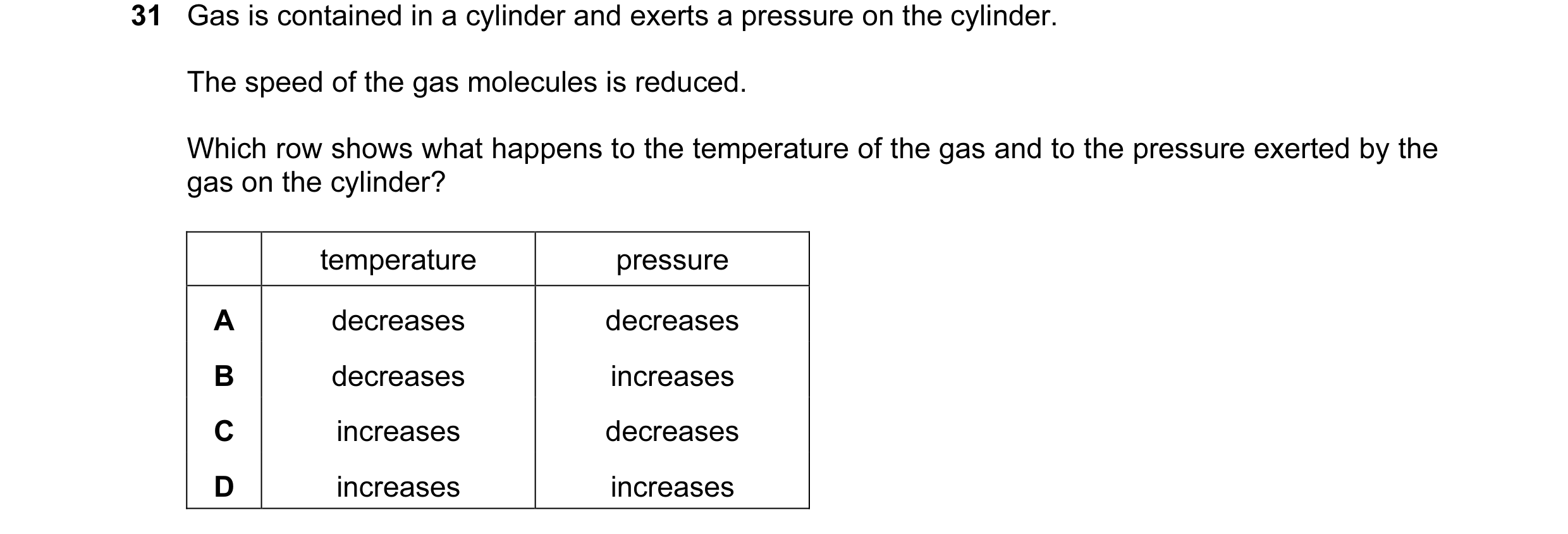 Question 13: Gas is contained in a cylinder and exerts a pressure on the cylinder. The speed of the gas molecules is reduced. Which row shows what happe…