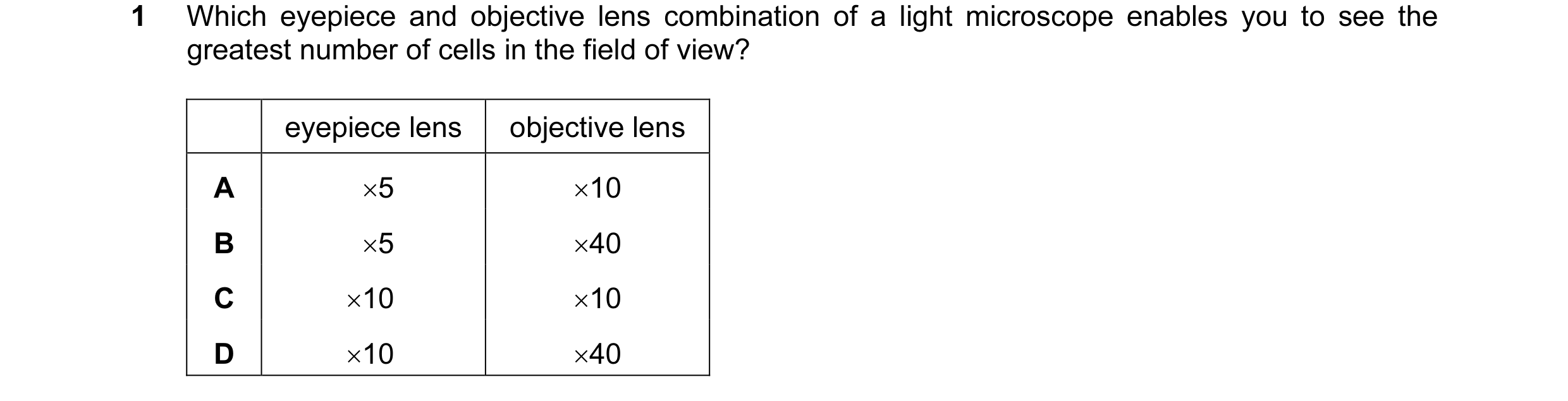 Question 55: Which eyepiece and objective lens combination of a light microscope enables you to see the greatest number of cells in the field of view? e…