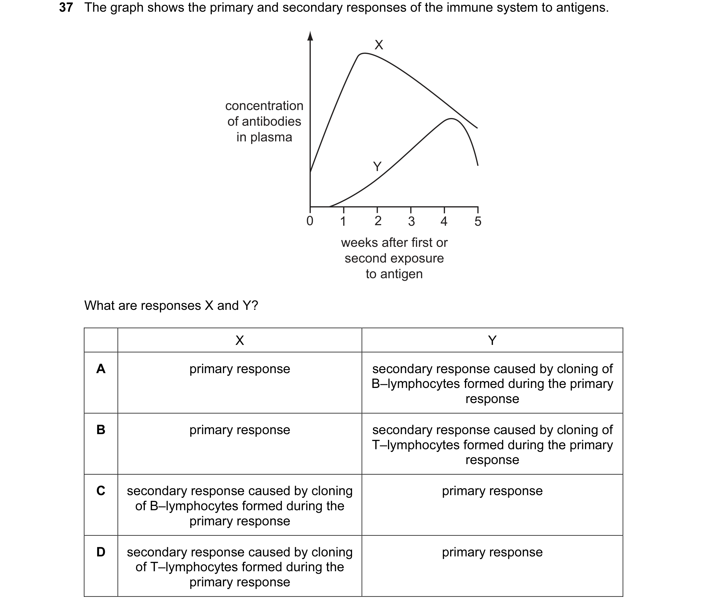 Question 32: The graph shows the primary and secondary responses of the immune system to antigens. X concentration of antibodies in plasma Y 0 1 2 3 4 5…