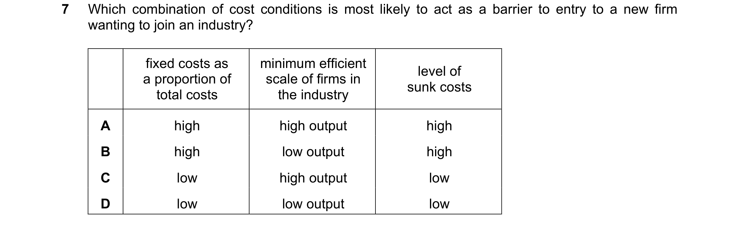 Question 211: Which combination of cost conditions is most likely to act as a barrier to entry to a new firm wanting to join an industry? fixed costs as …