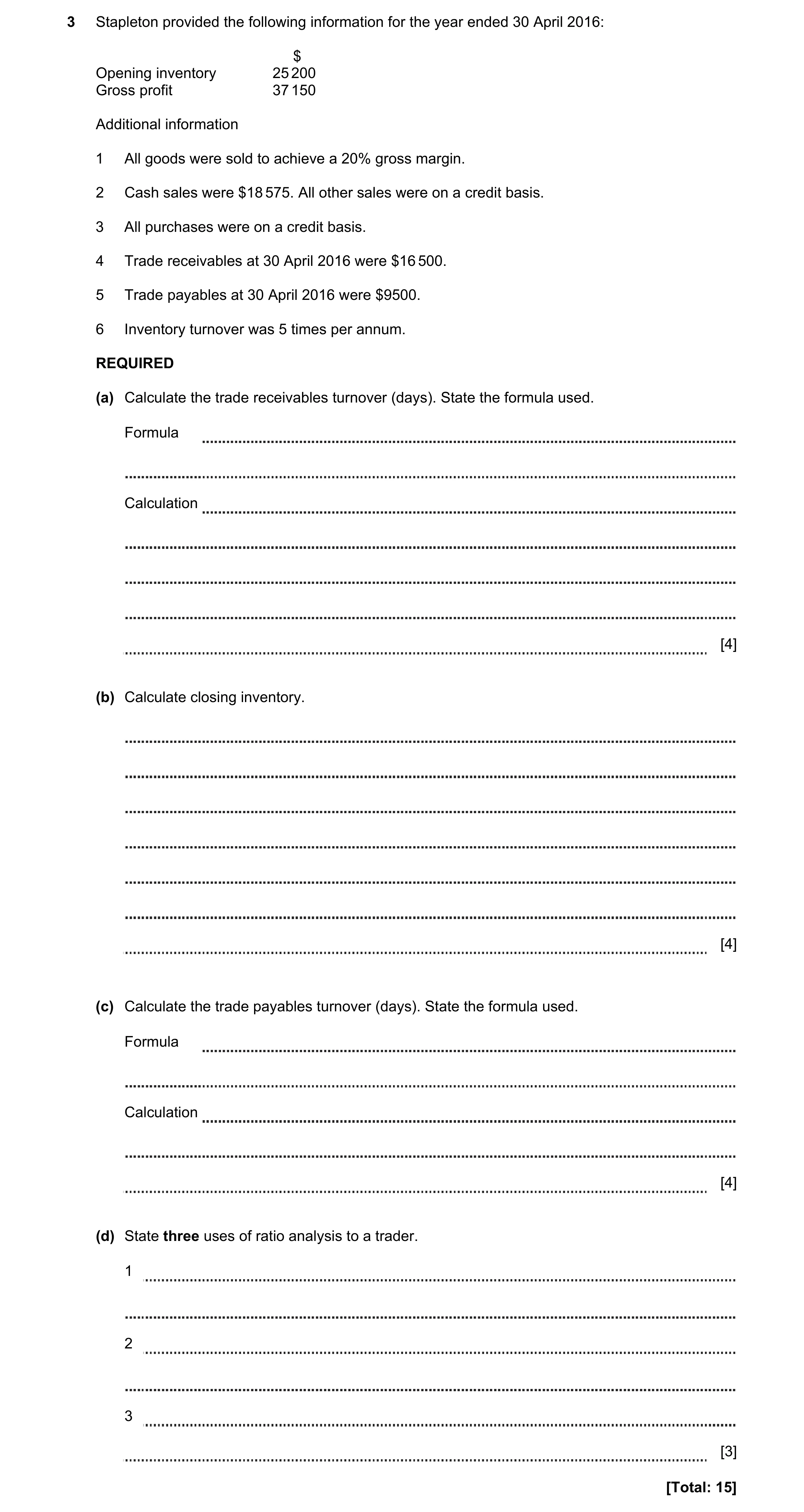 Question 7: Stapleton provided the following information for the year ended 30 April 2016: $ Opening inventory 25 200 Gross profit 37 150 Additional in…