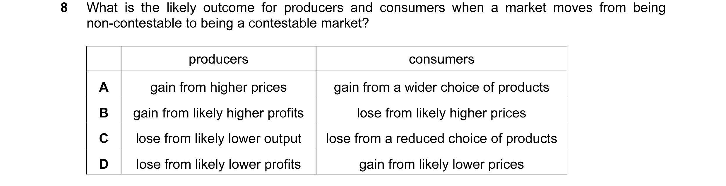 Question 36: What is the likely outcome for producers and consumers when a market moves from being non-contestable to being a contestable market? produc…