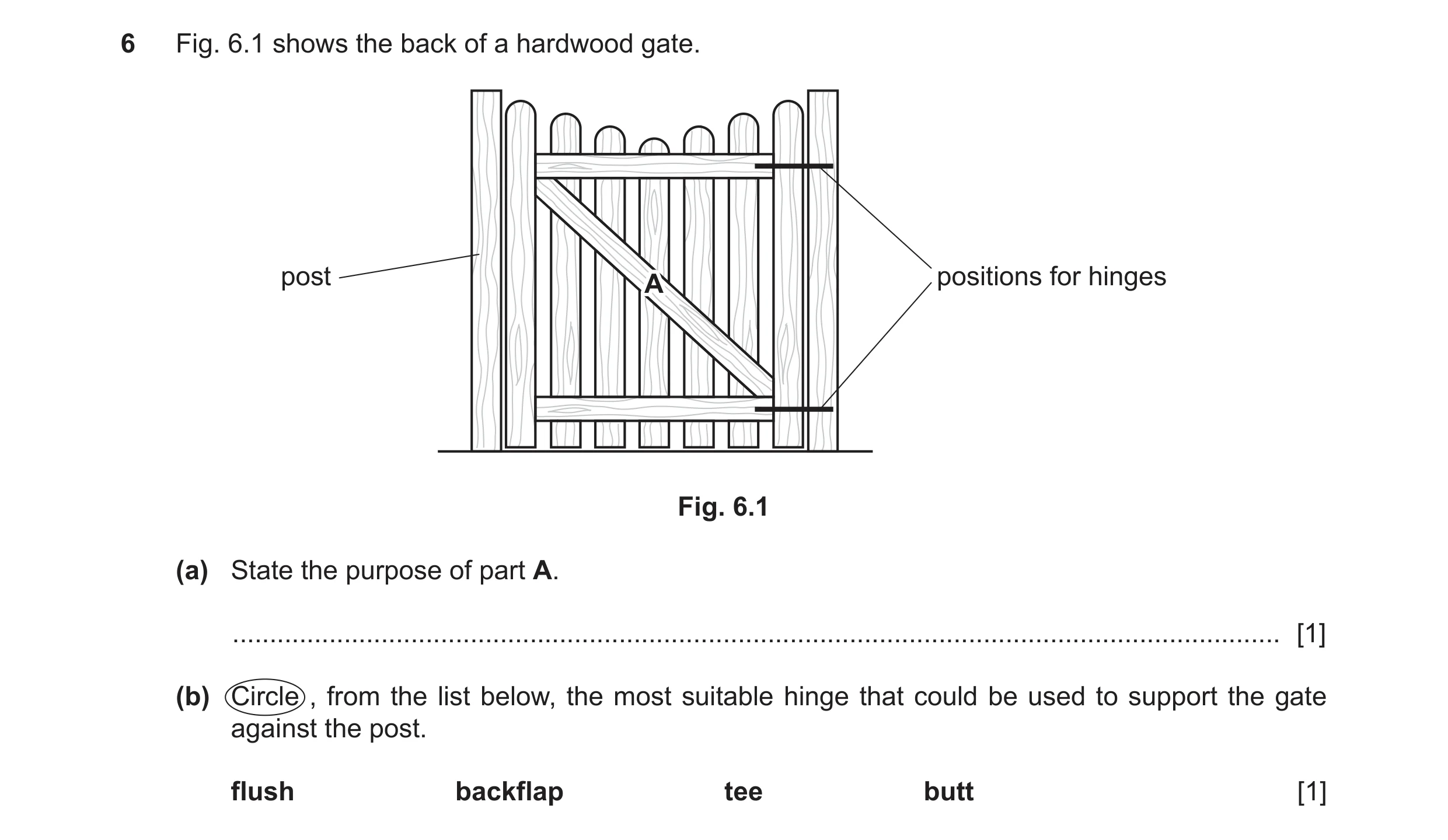 Question 198: Fig. 6.1 shows the back of a hardwood gate. post positions for hinges A Fig. 6.1 (a) State the purpose of part A. .........................…
