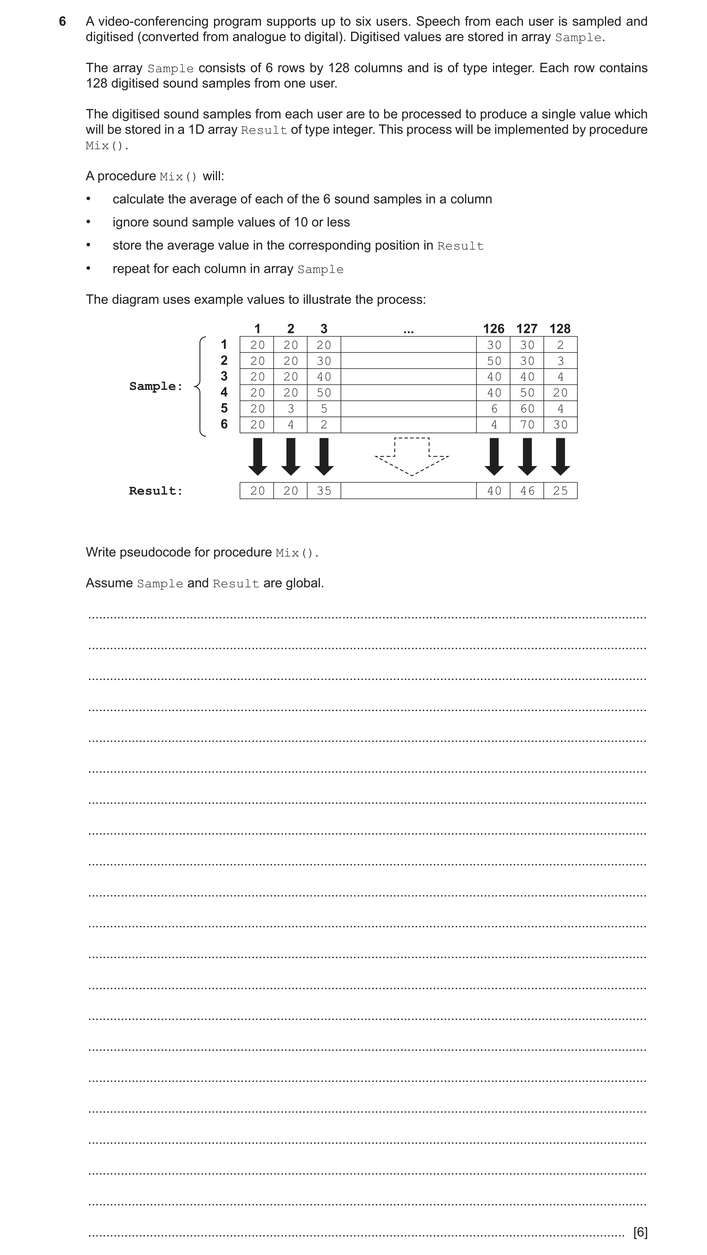 Question 13: A video-conferencing program supports up to six users. Speech from each user is sampled and digitised (converted from analogue to digital).…