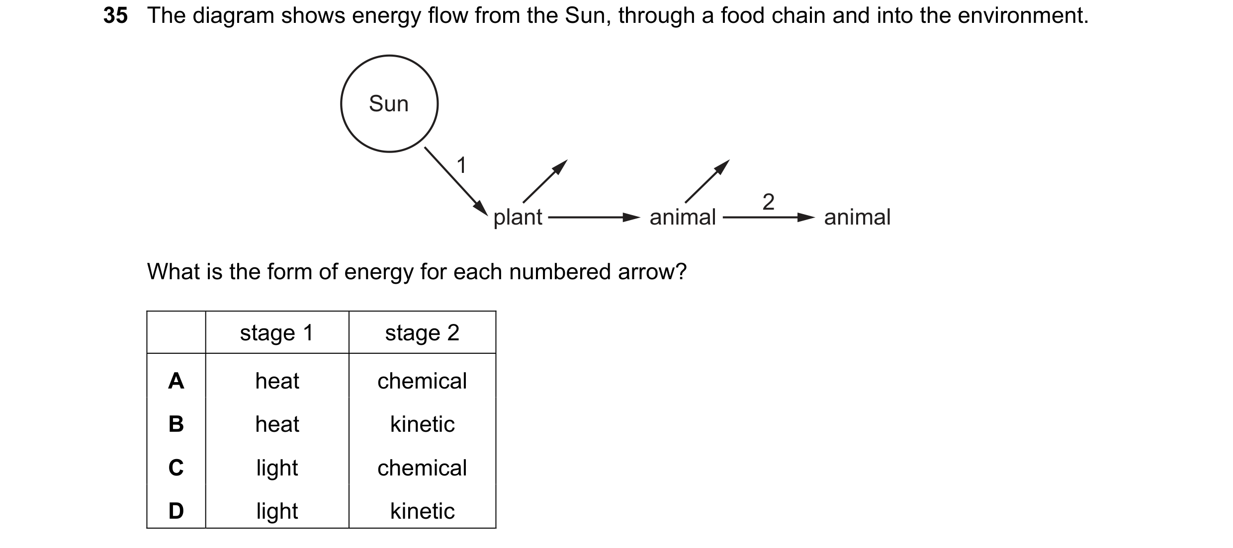 Question 10: The diagram shows energy flow from the Sun, through a food chain and into the environment. Sun 1 2 plant animal animal What is the form of …