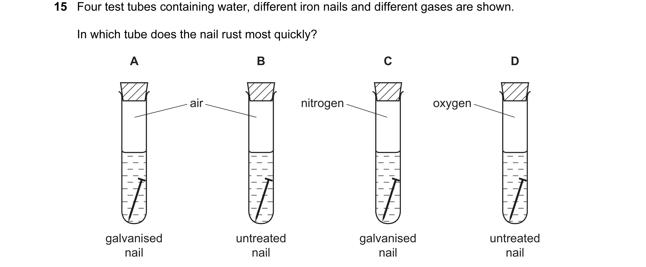 Question 13: Four test tubes containing water, different iron nails and different gases are shown. In which tube does the nail rust most quickly? A B C …