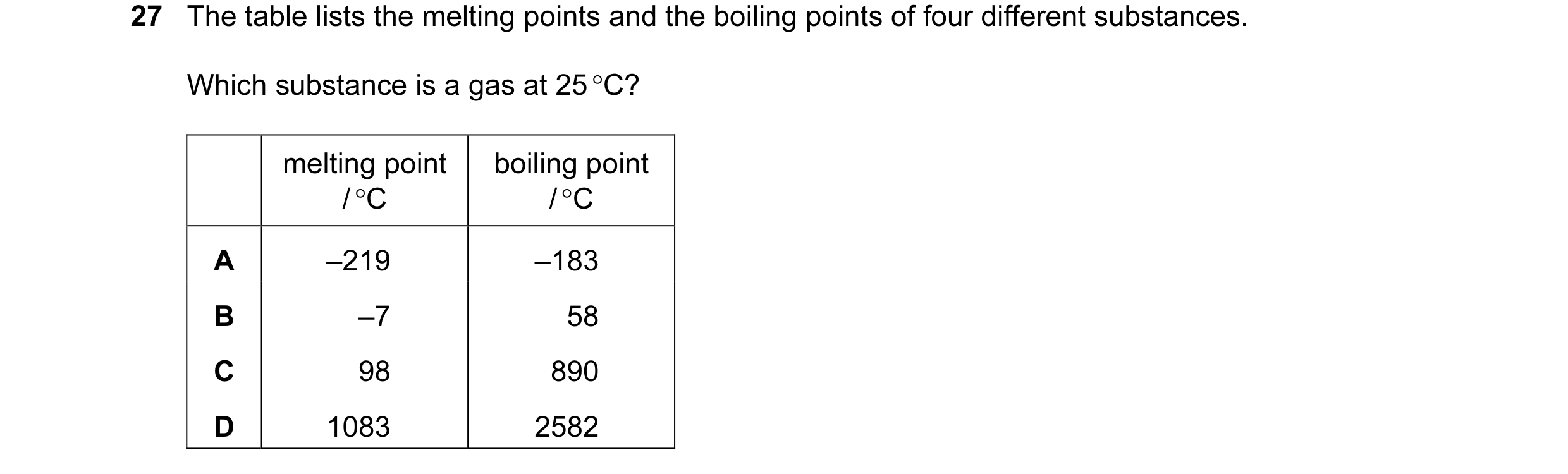 Question 8: The table lists the melting points and the boiling points of four different substances. Which substance is a gas at 25 °C? melting point bo…