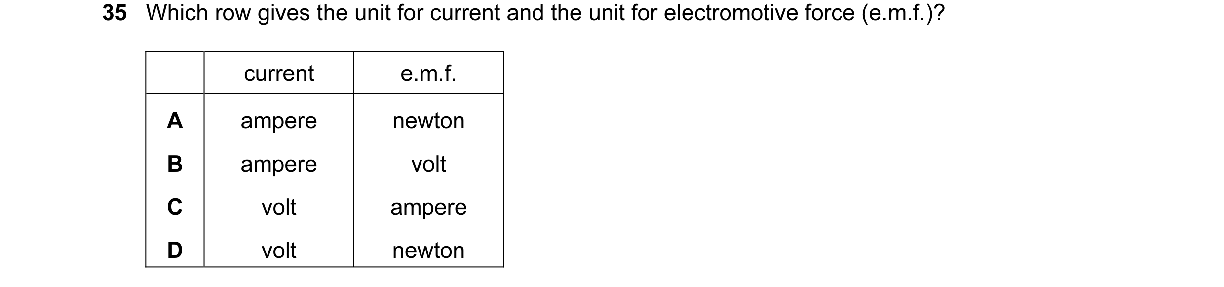Question 14: Which row gives the unit for current and the unit for electromotive force (e.m.f.)? current e.m.f. A ampere newton B ampere volt C volt amp…
