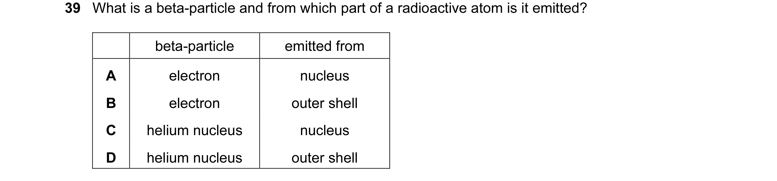 Question 19: What is a beta-particle and from which part of a radioactive atom is it emitted? beta-particle emitted from A electron nucleus B electron o…