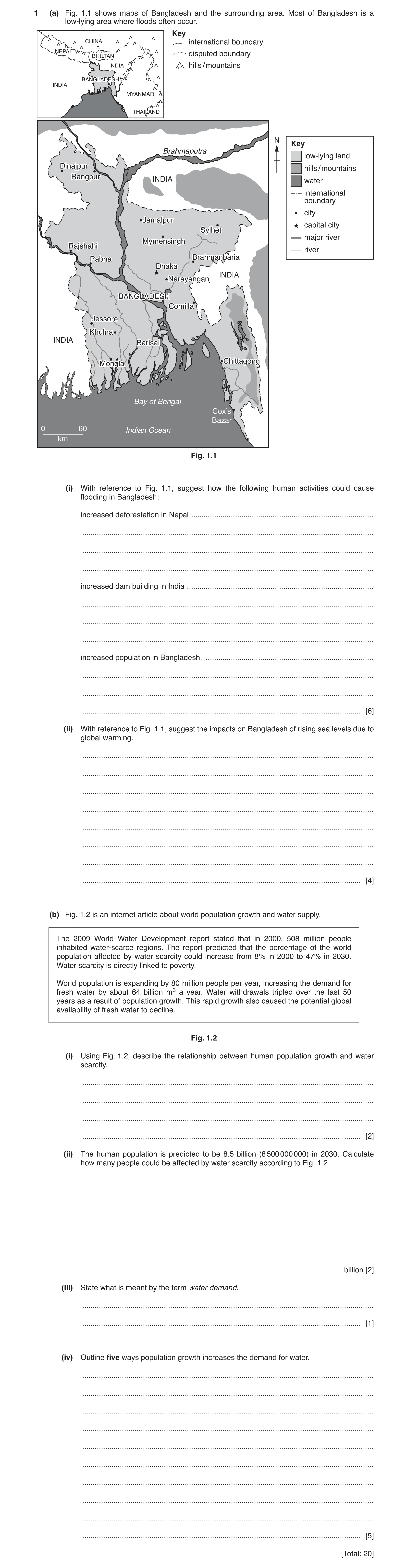 Question 6: (a) Fig. 1.1 shows maps of Bangladesh and the surrounding area. Most of Bangladesh is a low‑lying area where floods often occur. Key CHINA …