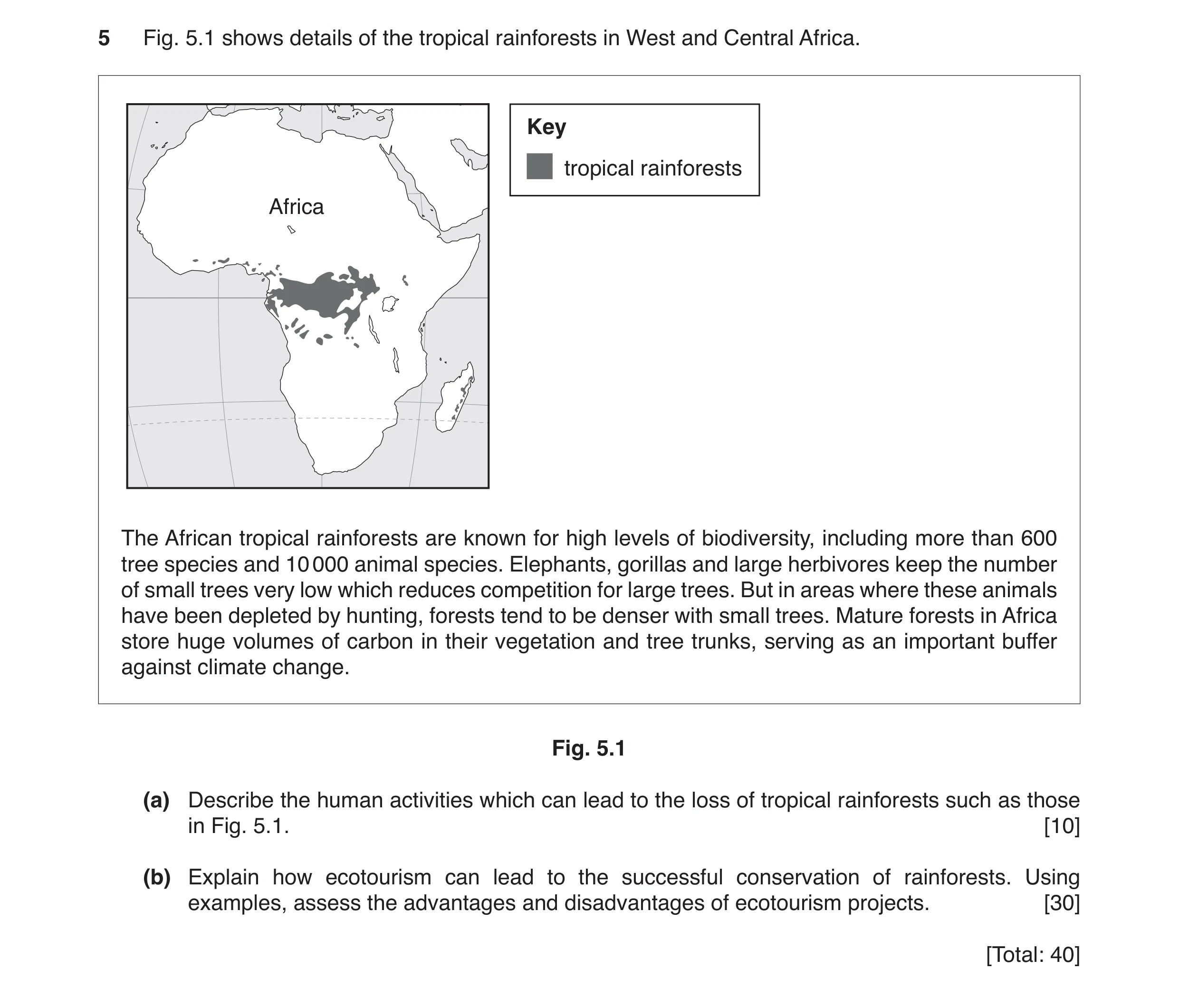 Question 14: Fig. 5.1 shows details of the tropical rainforests in West and Central Africa. Key tropical rainforests Africa The African tropical rainfor…