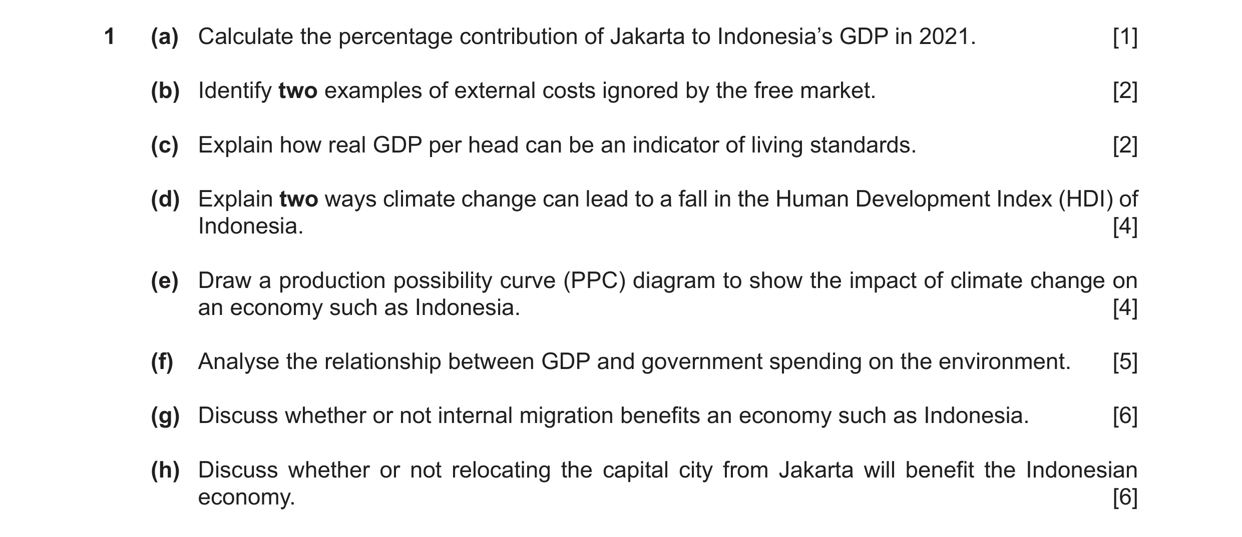 Question 28: (a) Calculate the percentage contribution of Jakarta to Indonesia’s GDP in 2021. [1] (b) Identify two examples of external costs ignored by…