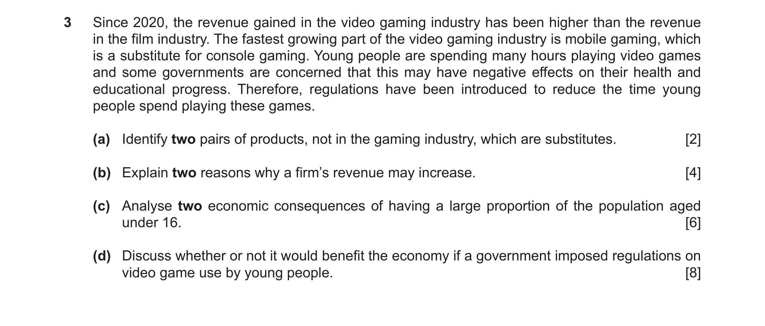 Question 54: Since 2020, the revenue gained in the video gaming industry has been higher than the revenue in the film industry. The fastest growing part…