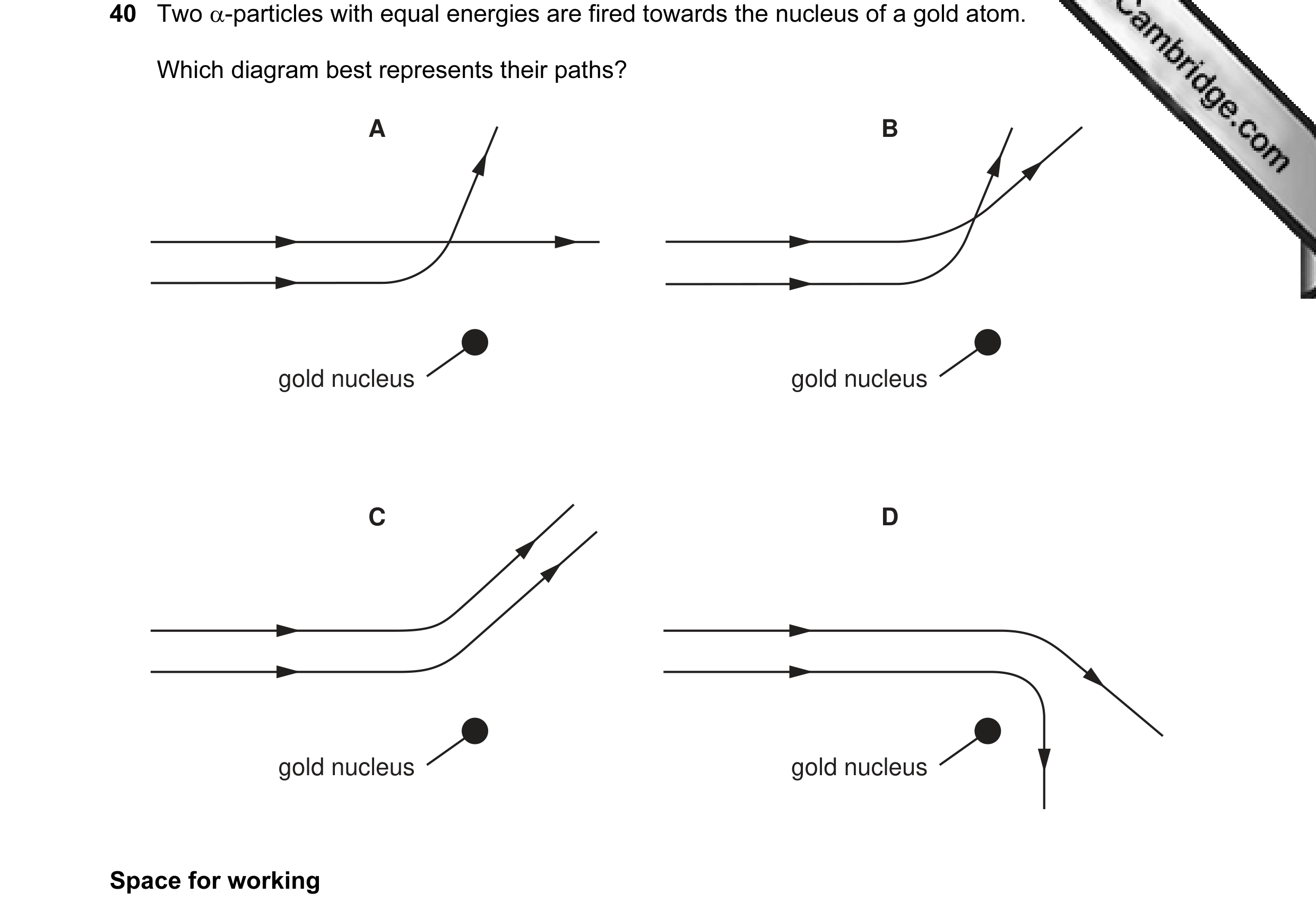 Question 4: Two α-particles with equal energies are fired towards the nucleus of a gold atom. Which diagram best represents their paths? A B gold nucle…