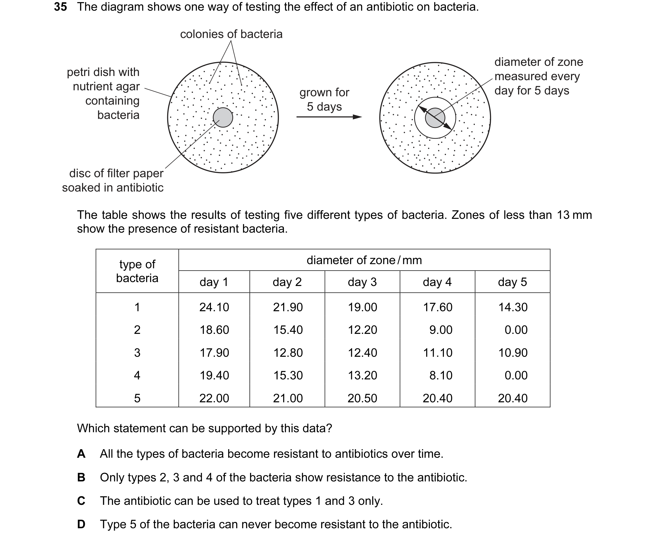 Question 23: The diagram shows one way of testing the effect of an antibiotic on bacteria. colonies of bacteria diameter of zone petri dish with measure…