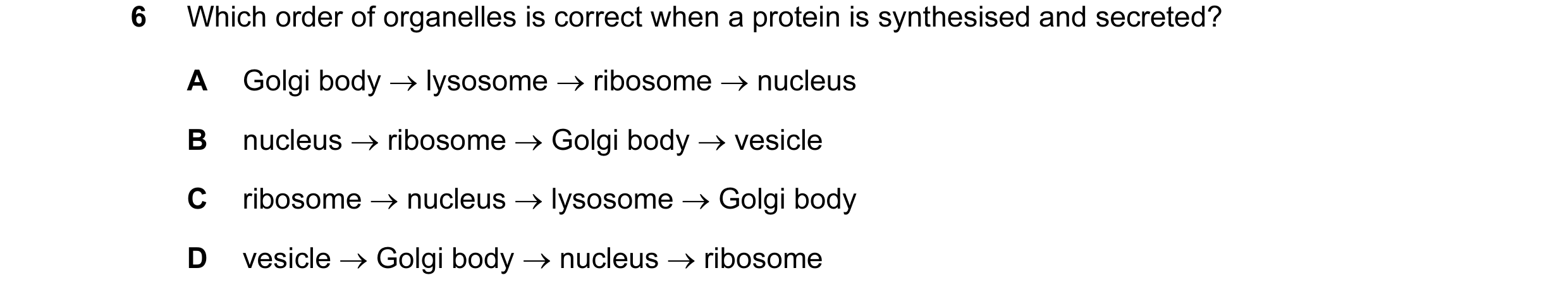 Question 129: Which order of organelles is correct when a protein is synthesised and secreted? A Golgi body → lysosome → ribosome → nucleus B nucleus → r…