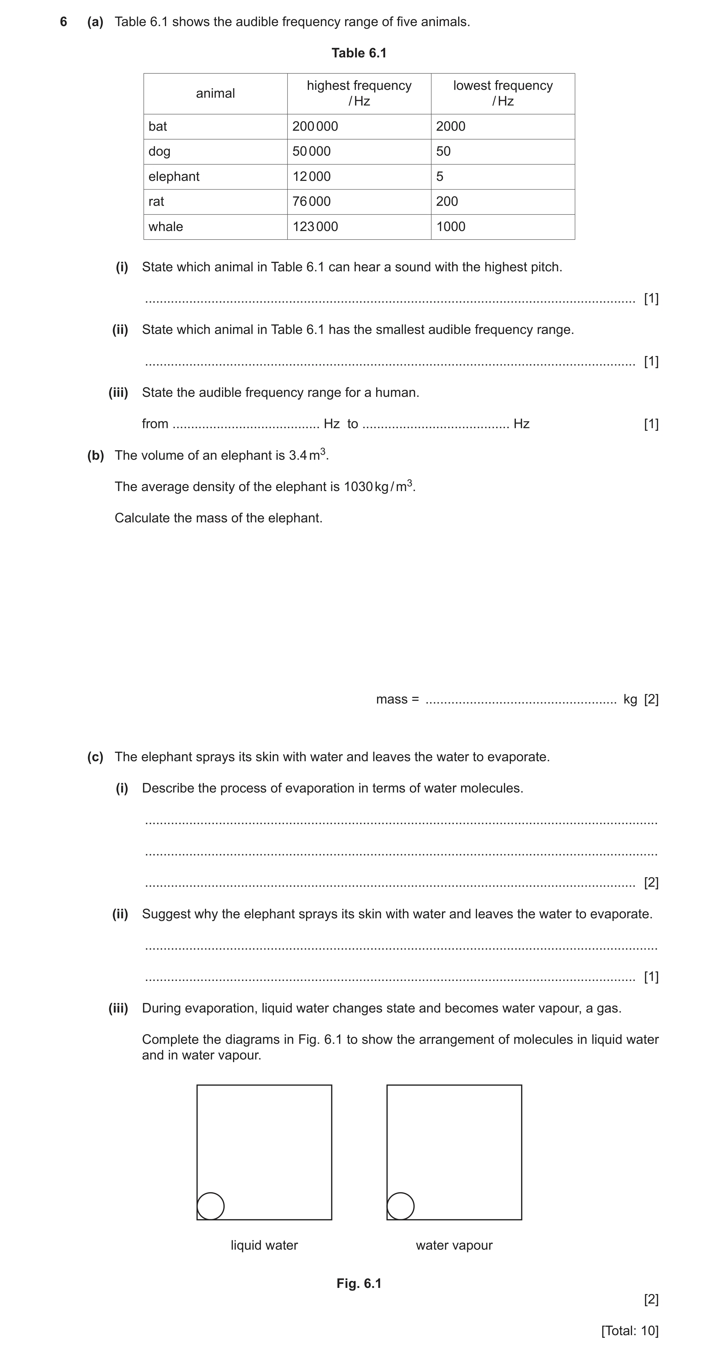 Question 21: (a) Table 6.1 shows the audible frequency range of five animals. Table 6.1 highest frequency lowest frequency animal / Hz / Hz bat 200 000 …