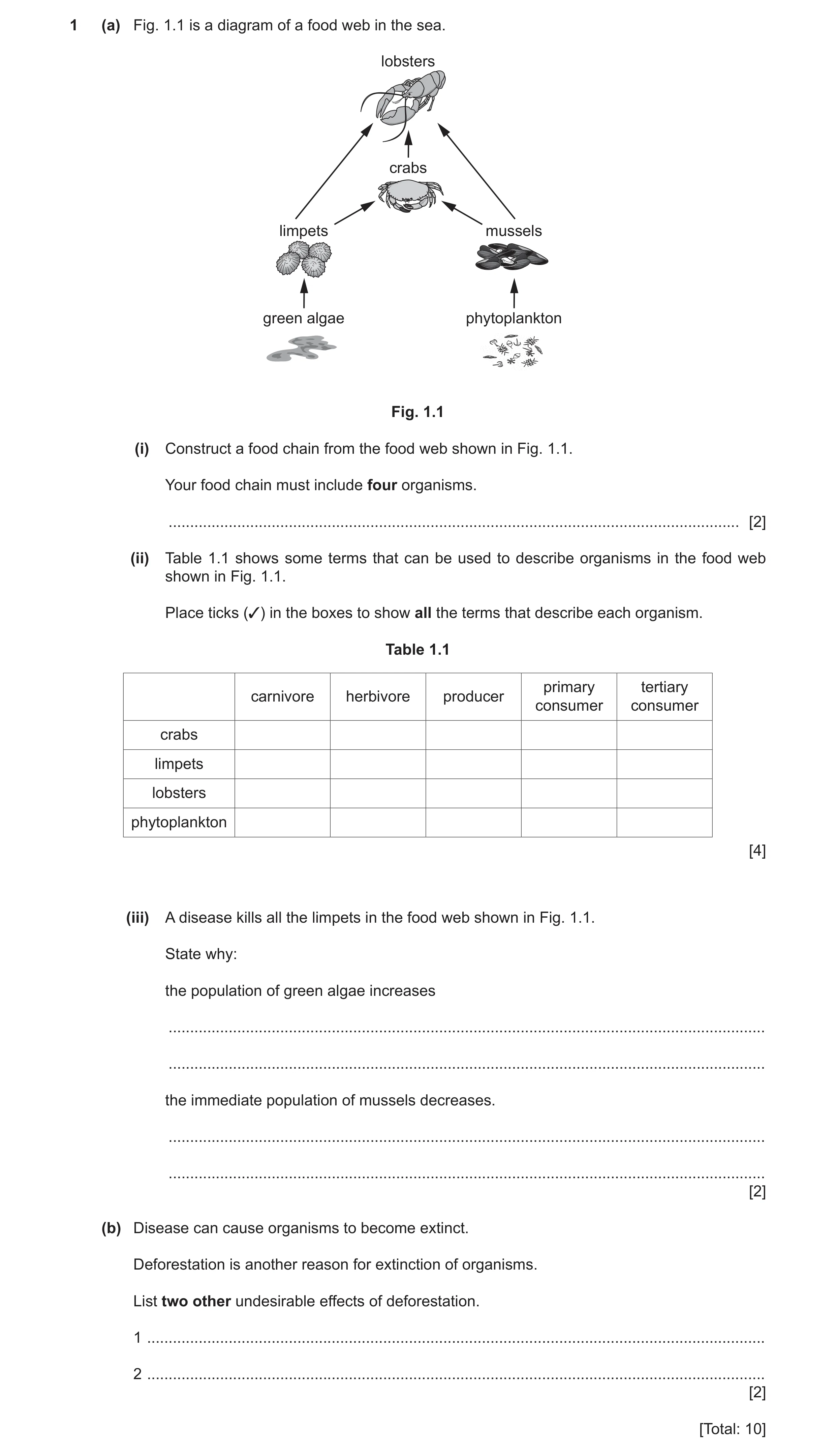 Question 8: (a) Fig. 1.1 is a diagram of a food web in the sea. lobsters crabs limpets mussels green algae phytoplankton Fig. 1.1 (i) Construct a food …