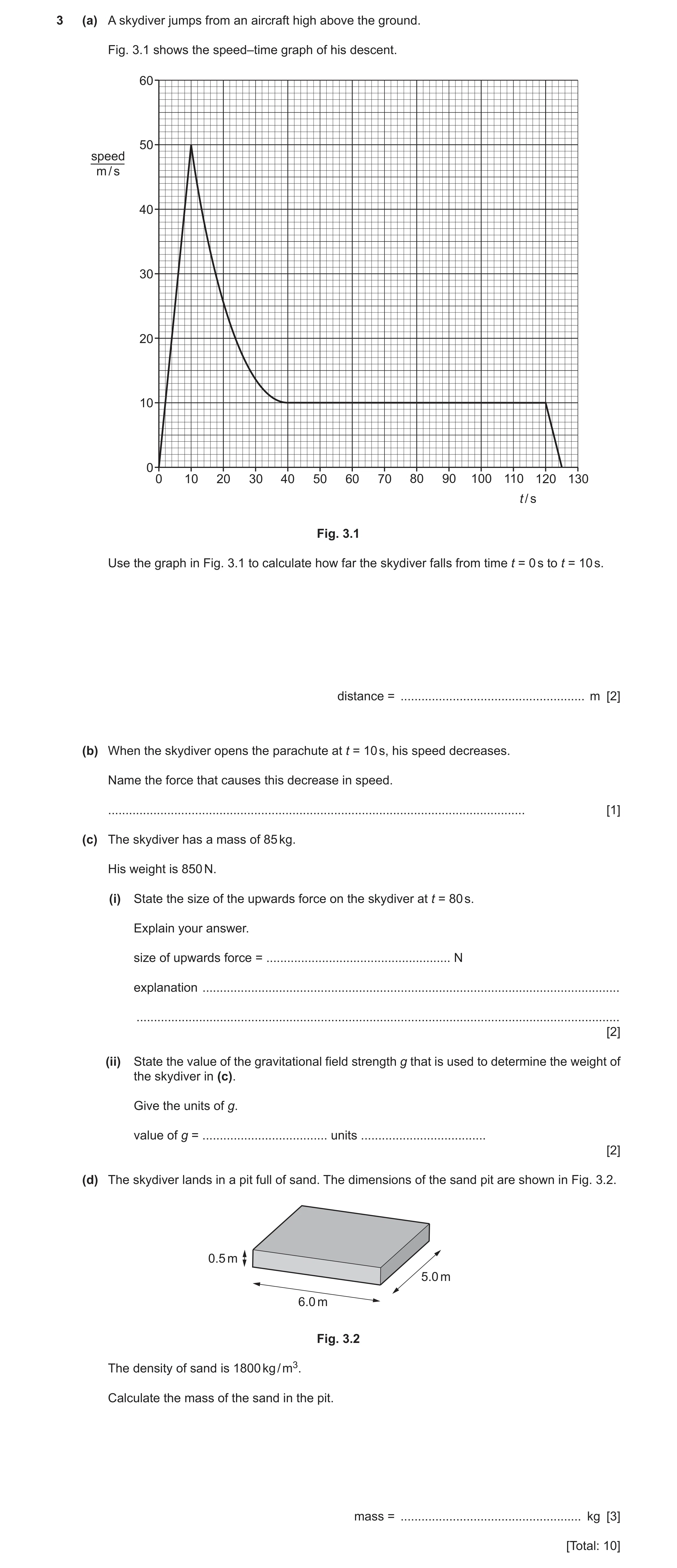 Question 7: (a) A skydiver jumps from an aircraft high above the ground. Fig. 3.1 shows the speed–time graph of his descent. 60 50 speed m / s 40 30 20…