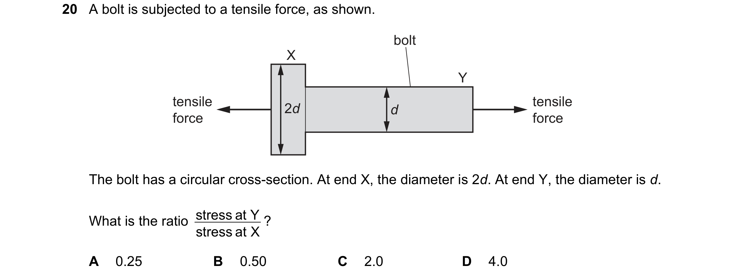 Question 127: A bolt is subjected to a tensile force, as shown. bolt X Y tensile 2d d tensile force force The bolt has a circular cross-section. At end X…