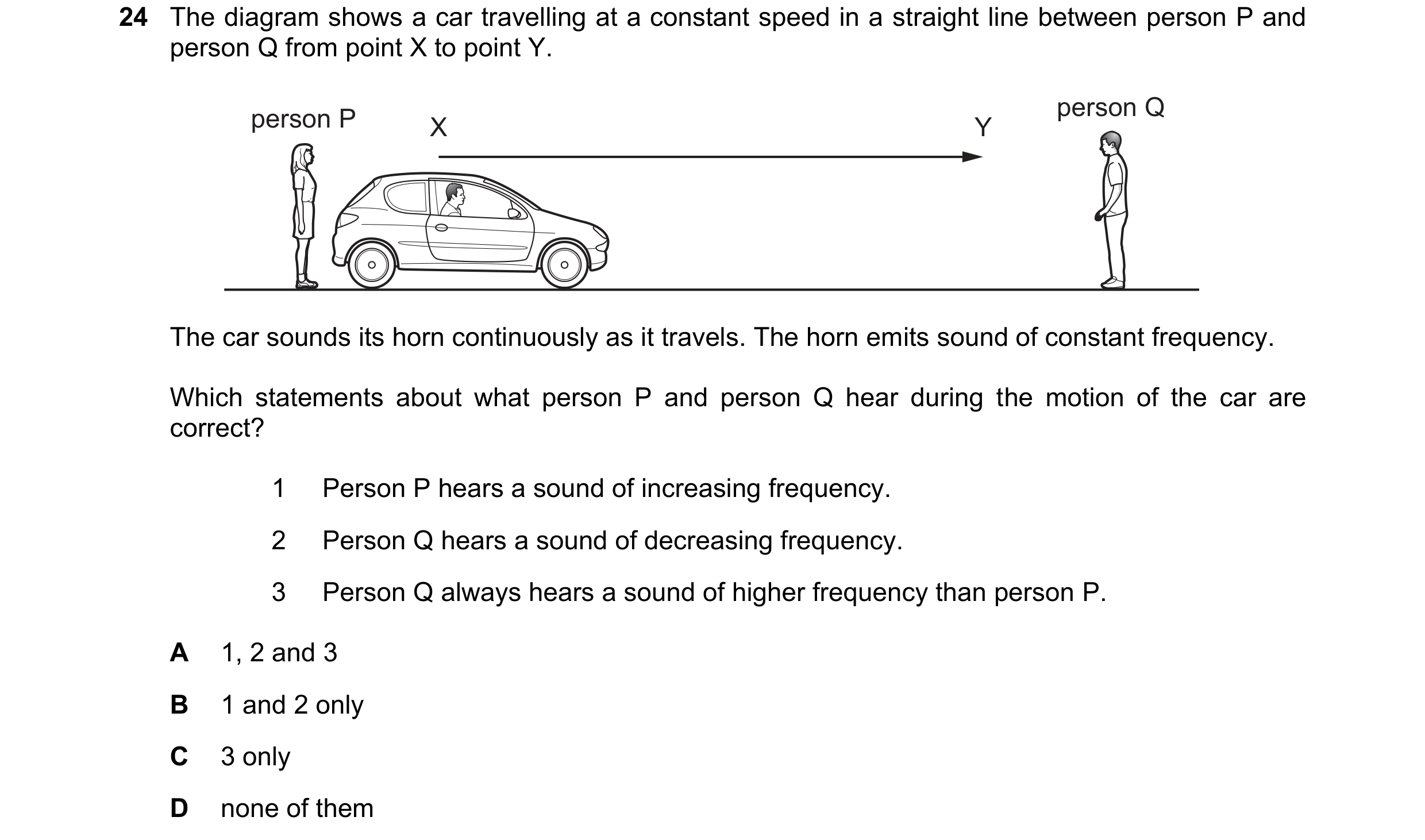 Question 60: The diagram shows a car travelling at a constant speed in a straight line between person P and person Q from point X to point Y. person P p…