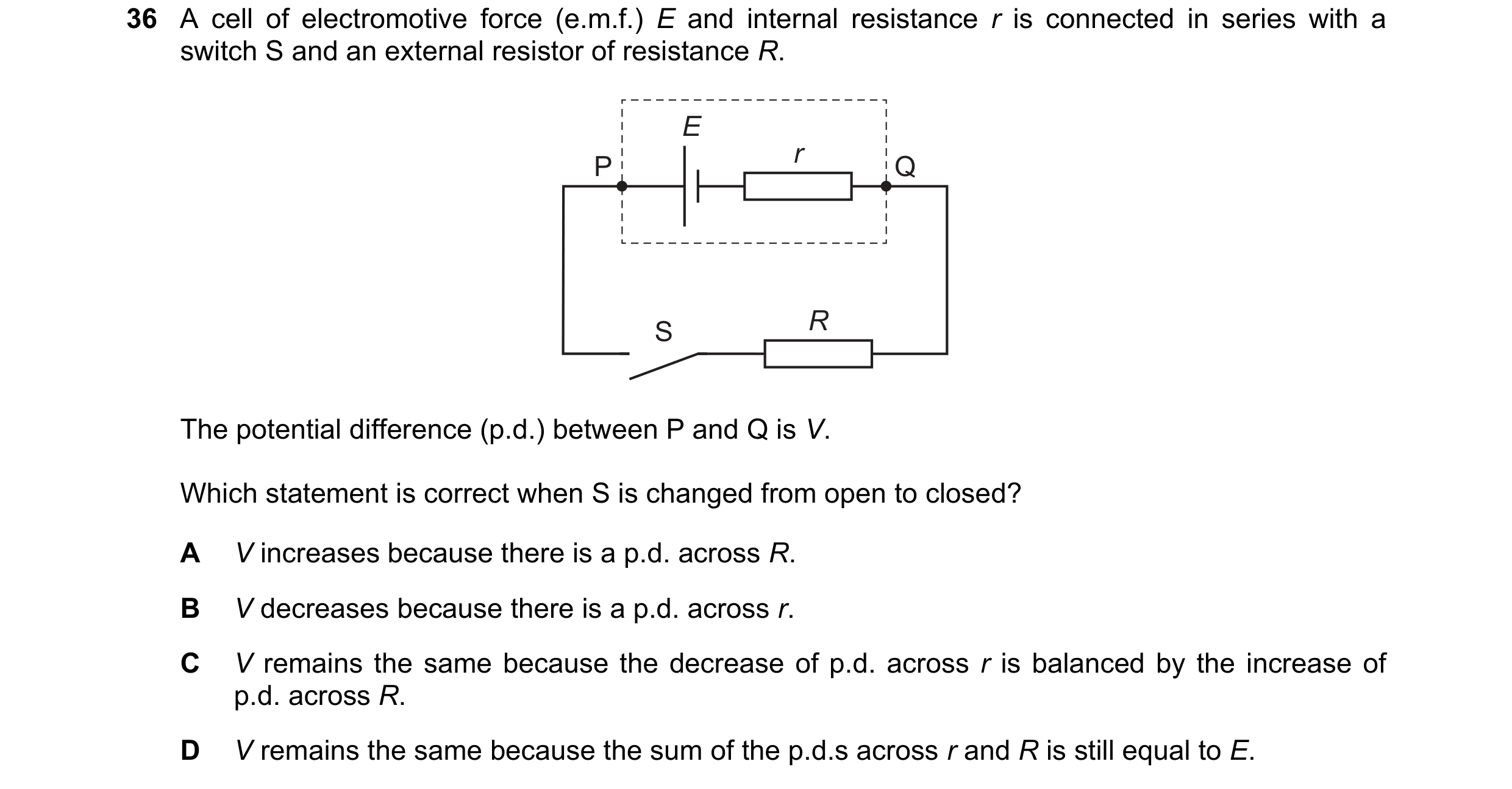 Question 219: A cell of electromotive force (e.m.f.) E and internal resistance r is connected in series with a switch S and an external resistor of resis…