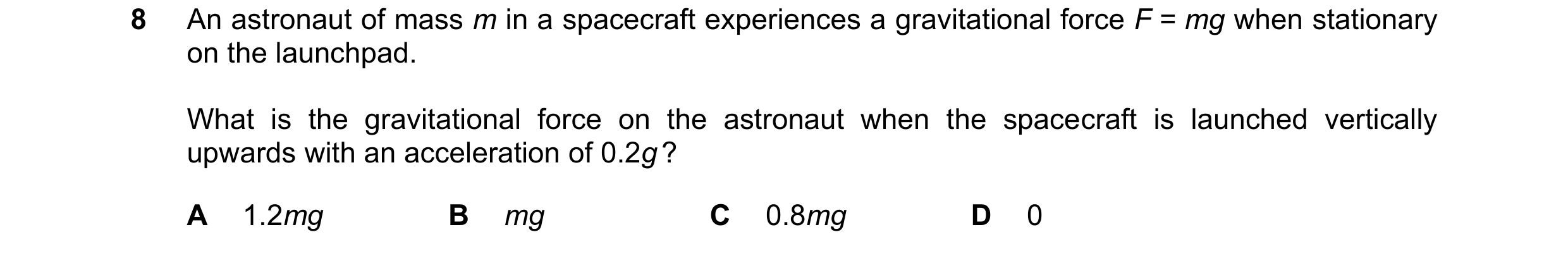 Question 161: An astronaut of mass m in a spacecraft experiences a gravitational force F = mg when stationary on the launchpad. What is the gravitational…