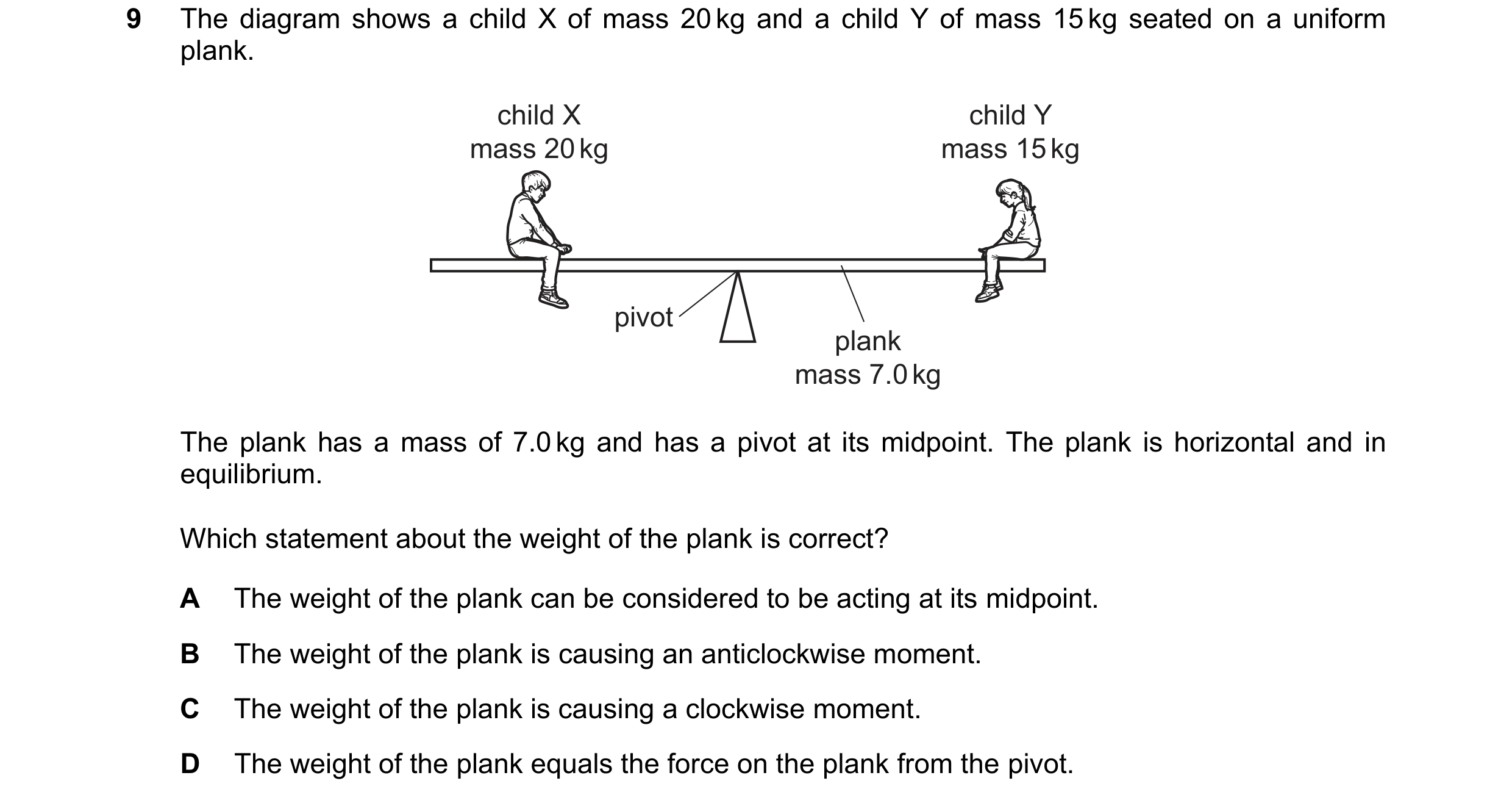 Question 139: The diagram shows a child X of mass 20 kg and a child Y of mass 15 kg seated on a uniform plank. child X child Y mass 20 kg mass 15 kg pivo…