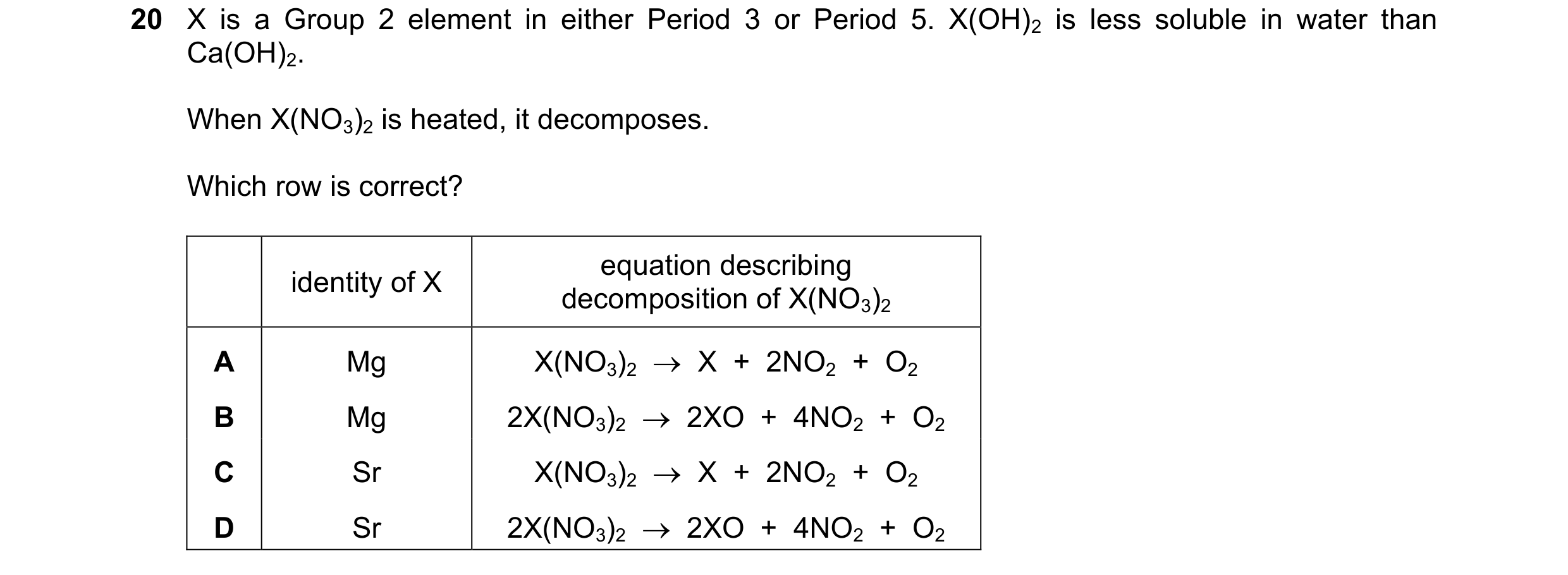 Question 241: X is a Group 2 element in either Period 3 or Period 5. X(OH)2 is less soluble in water than Ca(OH)2. When X(NO3)2 is heated, it decomposes.…