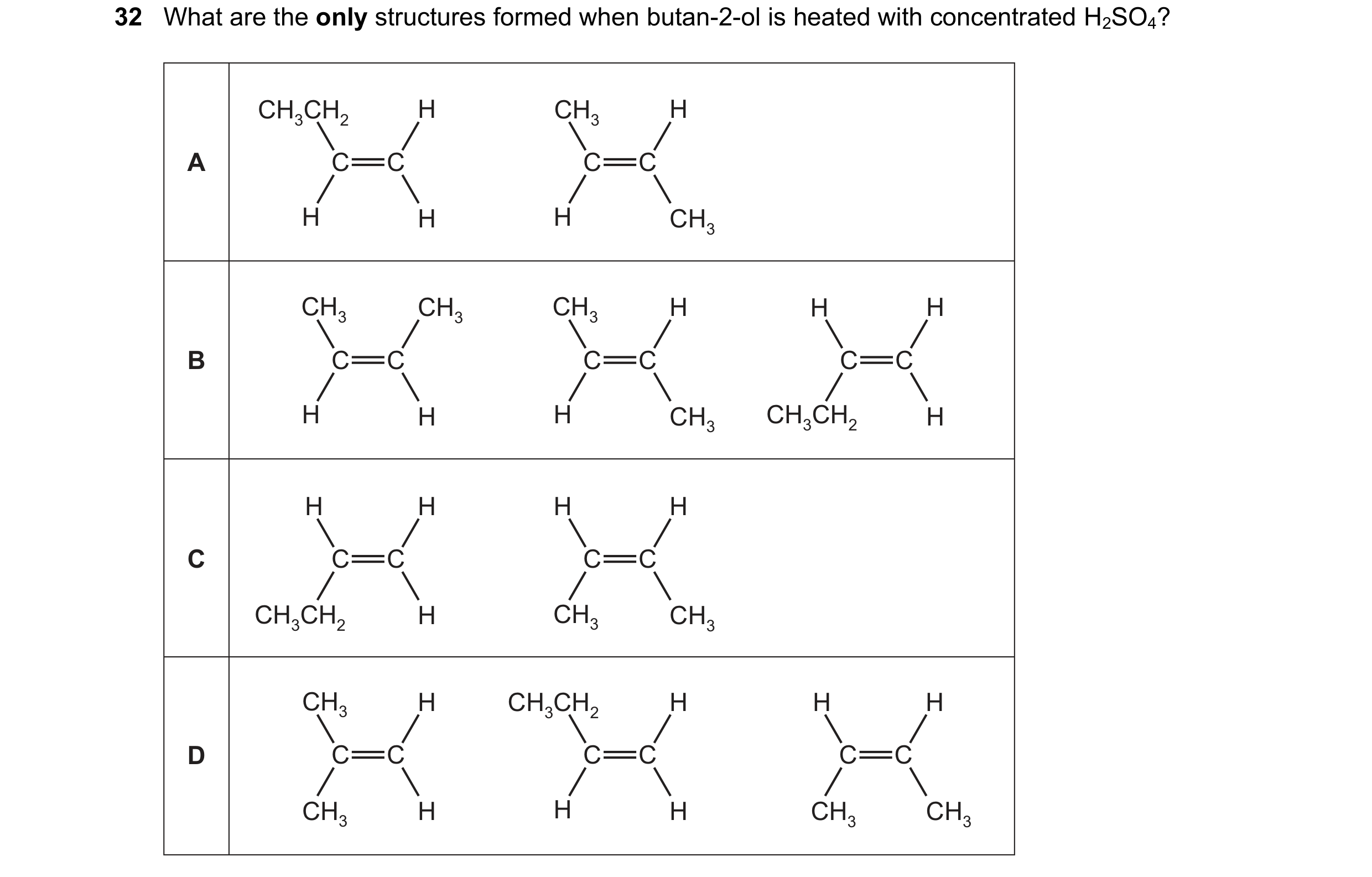 Question 248: What are the only structures formed when butan-2-ol is heated with concentrated H2SO4? CH3CH2 H CH3 H A C C C C H H H CH3 CH3 CH3 CH3 H H H…