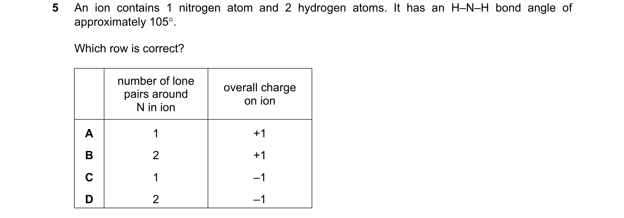 Question 102: An ion contains 1 nitrogen atom and 2 hydrogen atoms. It has an H–N–H bond angle of approximately 105. Which row is correct? number of lon…