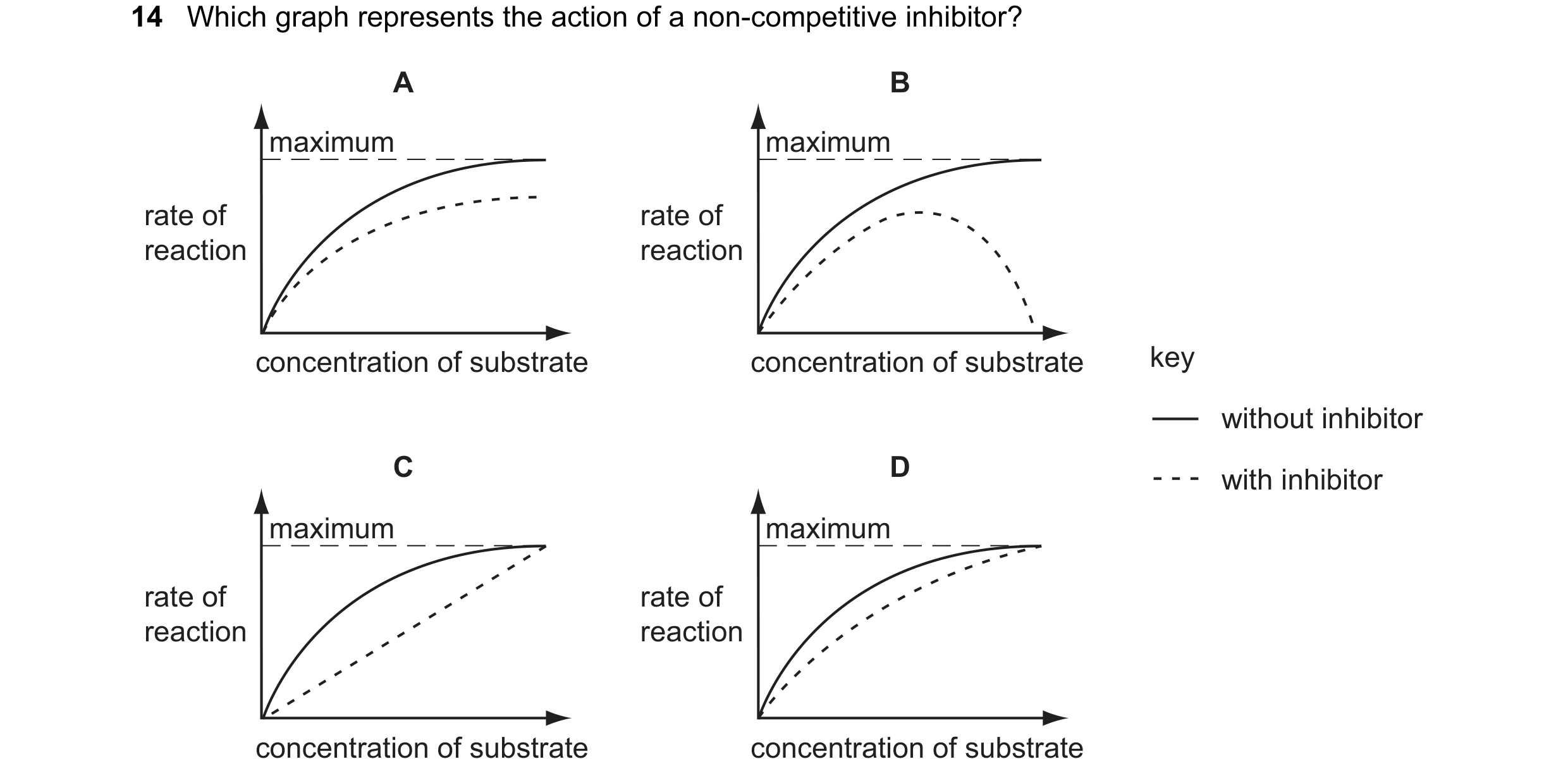 Question 47: Which graph represents the action of a non-competitive inhibitor? A B maximum maximum rate of rate of reaction reaction concentration of su…