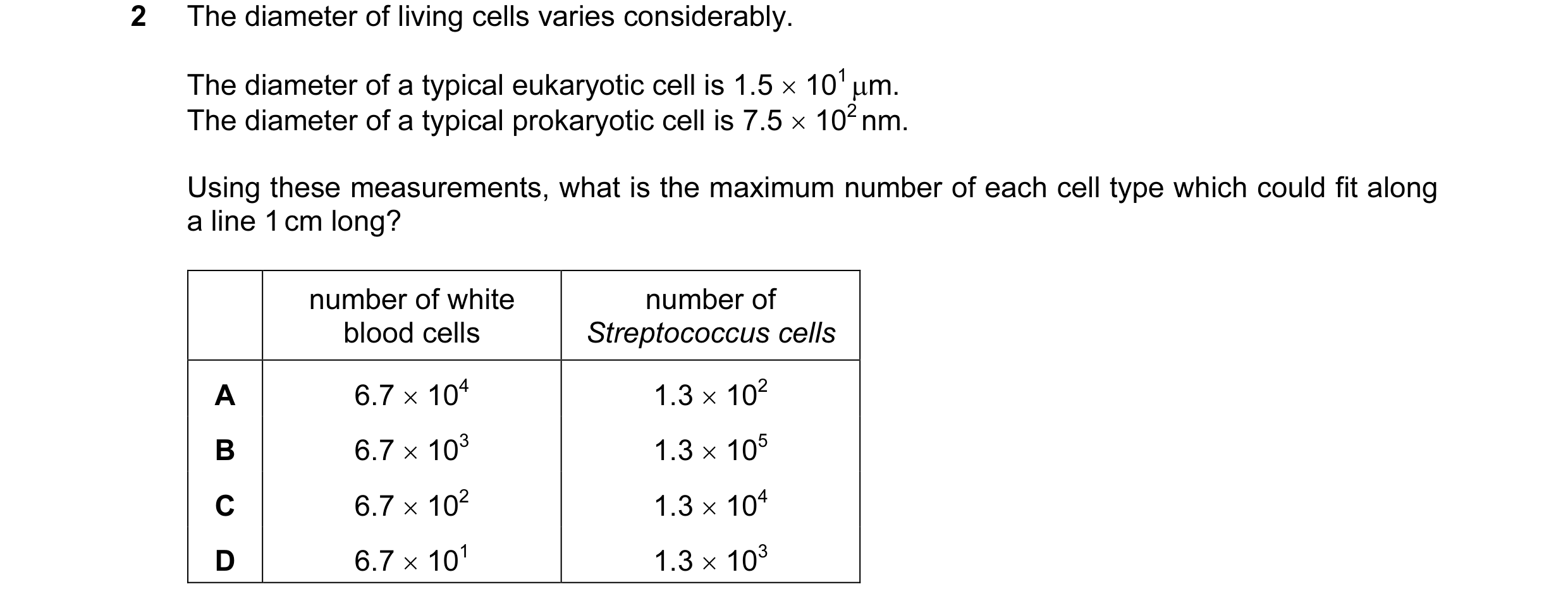 Question 98: The diameter of living cells varies considerably. The diameter of a typical eukaryotic cell is 1.5 × 101 µm. The diameter of a typical prok…