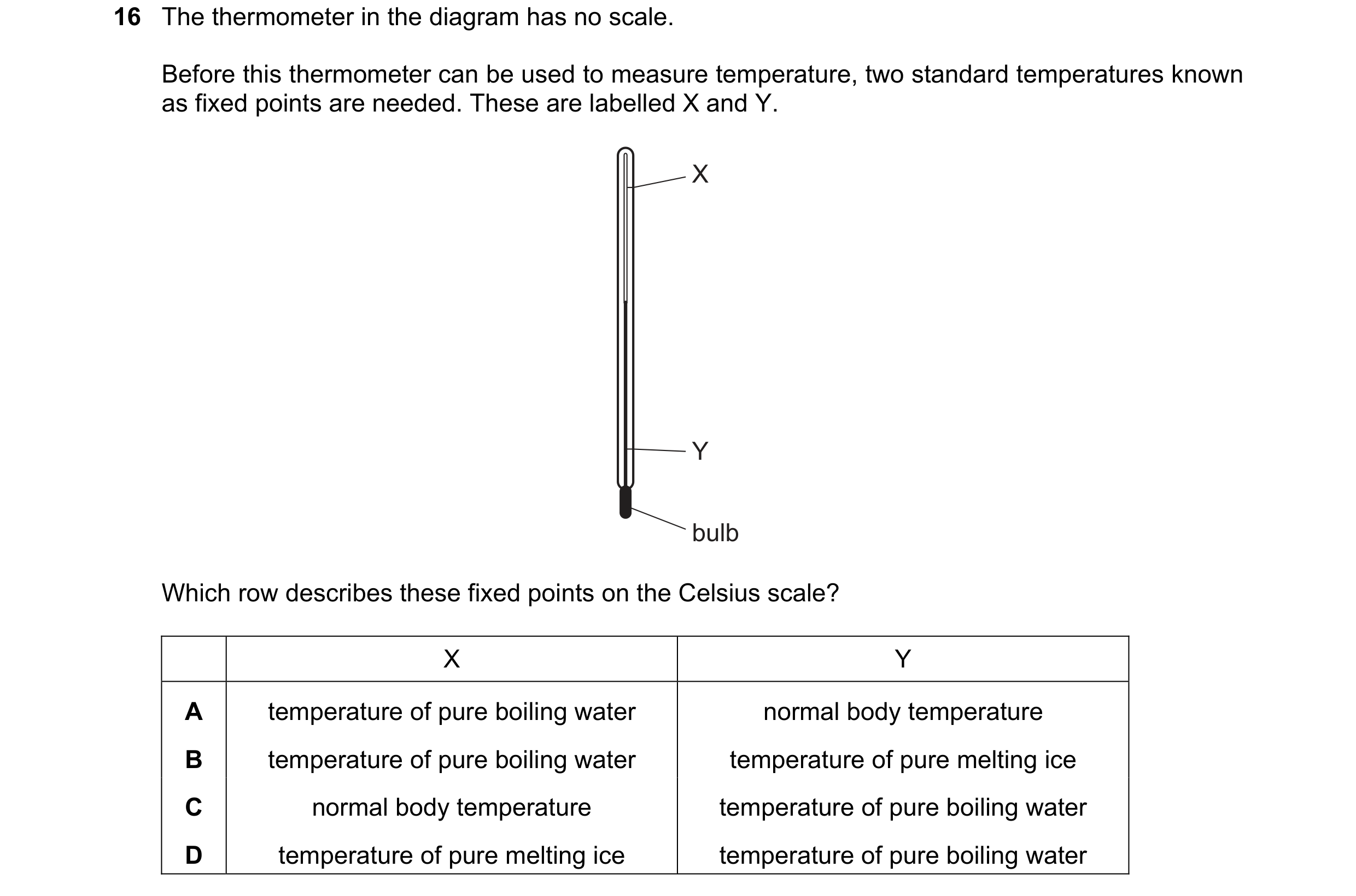 Question 192: The thermometer in the diagram has no scale. Before this thermometer can be used to measure temperature, two standard temperatures known as…