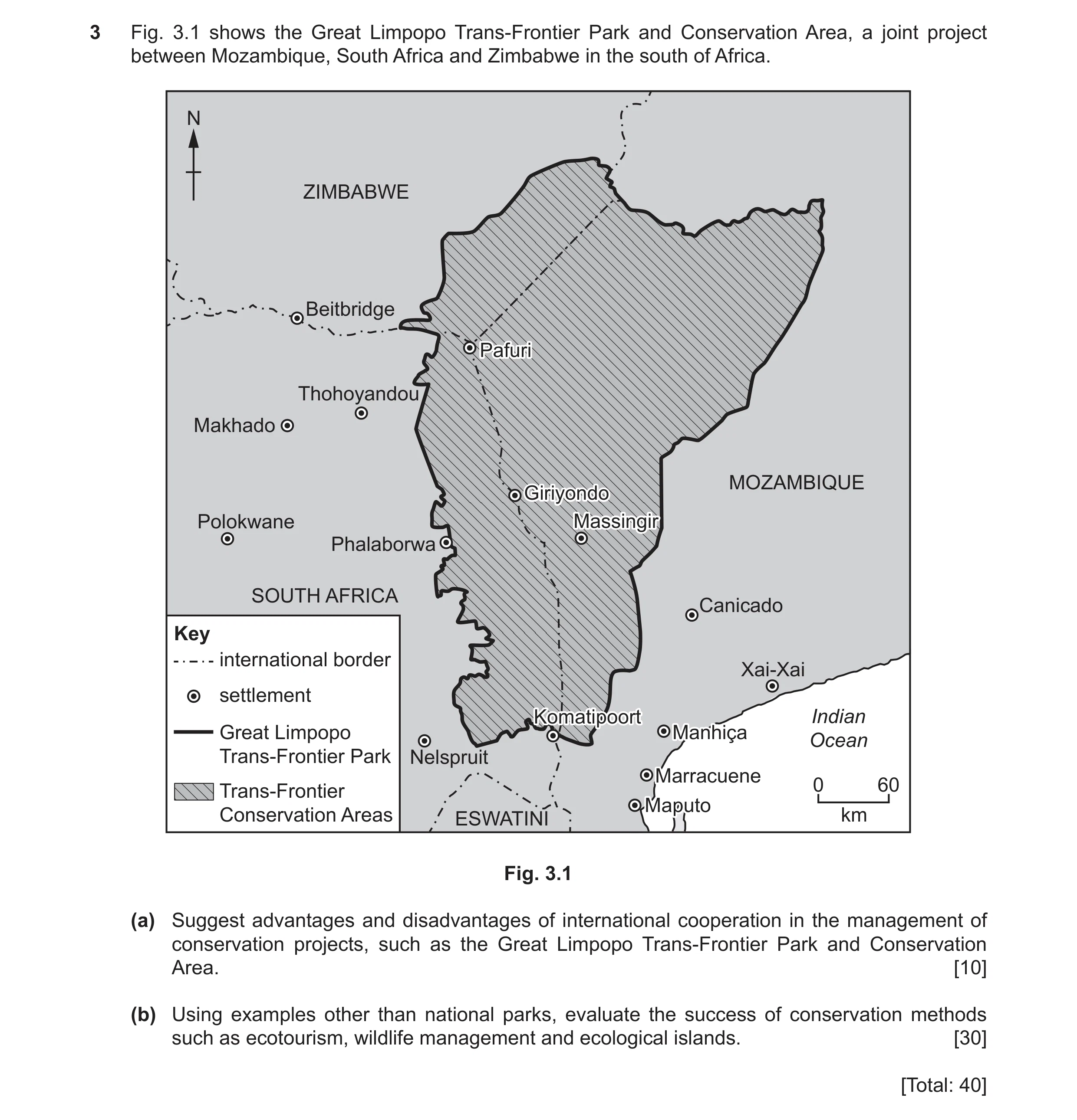Question 21: Fig. 3.1 shows the Great Limpopo Trans-Frontier Park and Conservation Area, a joint project between Mozambique, South Africa and Zimbabwe i…