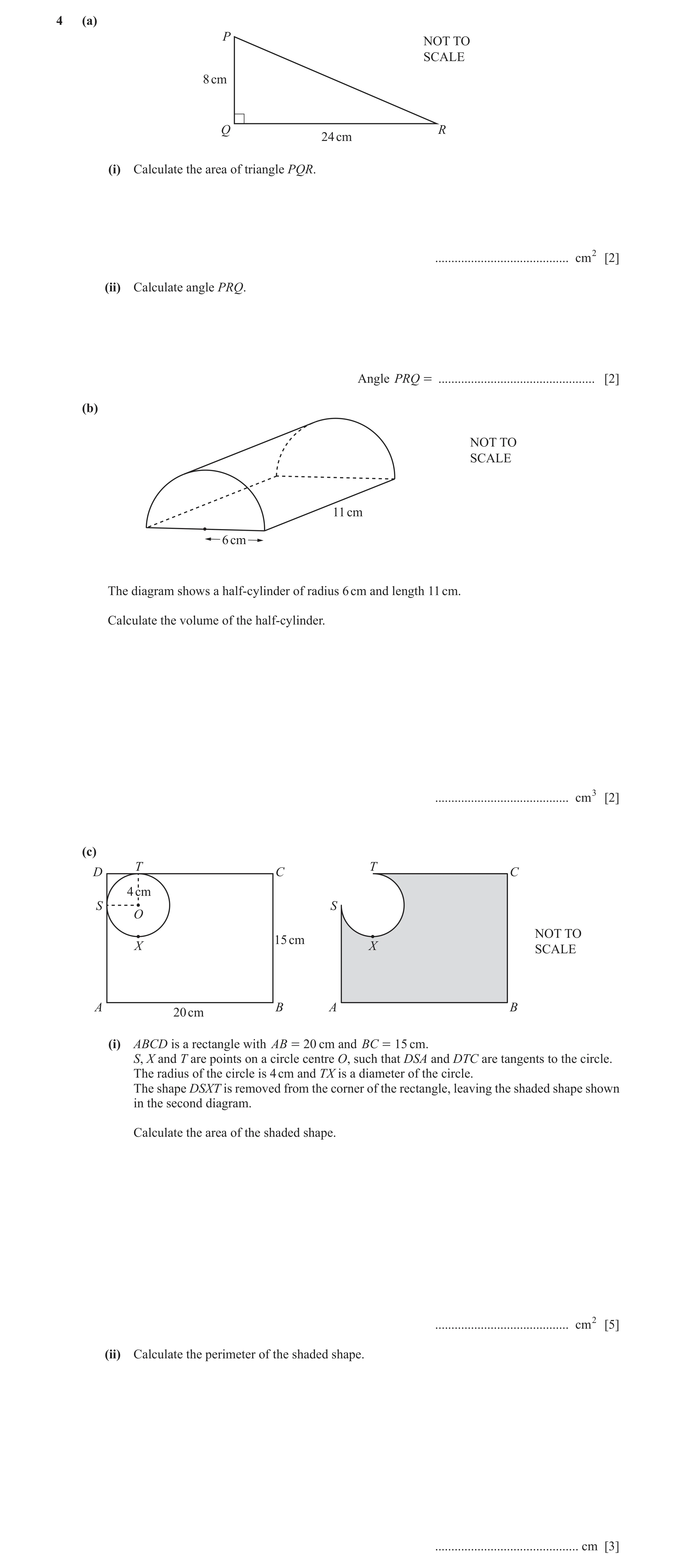 Question 26: (a) P NOT TO SCALE 8 cm Q R 24 cm (i) Calculate the area of triangle PQR. ......................................... cm2 [2] (ii) Calculate …