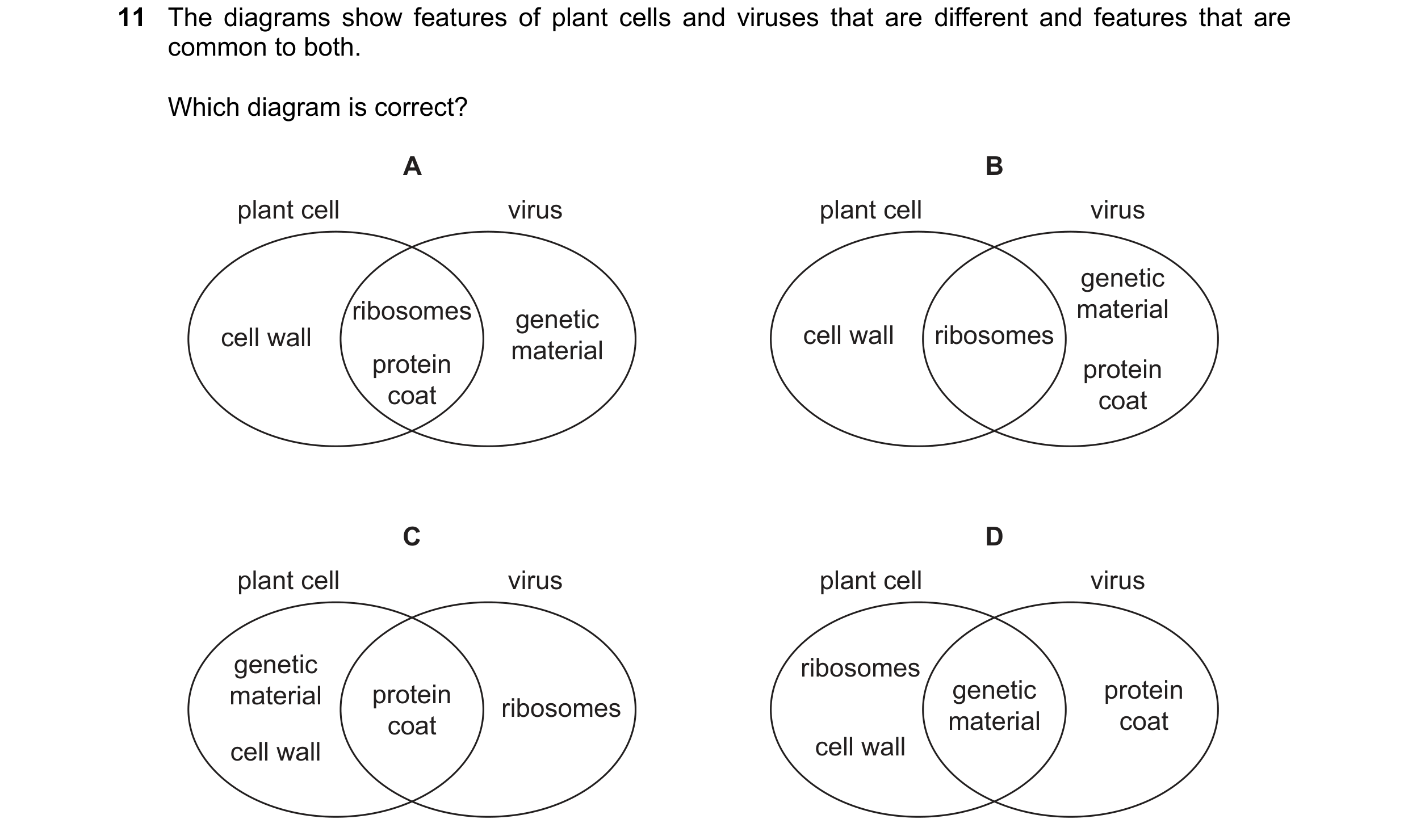 Question 52: The diagrams show features of plant cells and viruses that are different and features that are common to both. Which diagram is correct? A …
