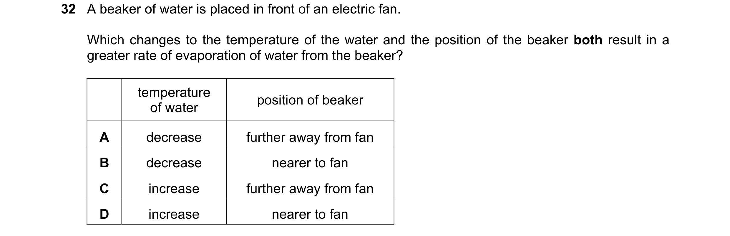 Question 65: A beaker of water is placed in front of an electric fan. Which changes to the temperature of the water and the position of the beaker both …