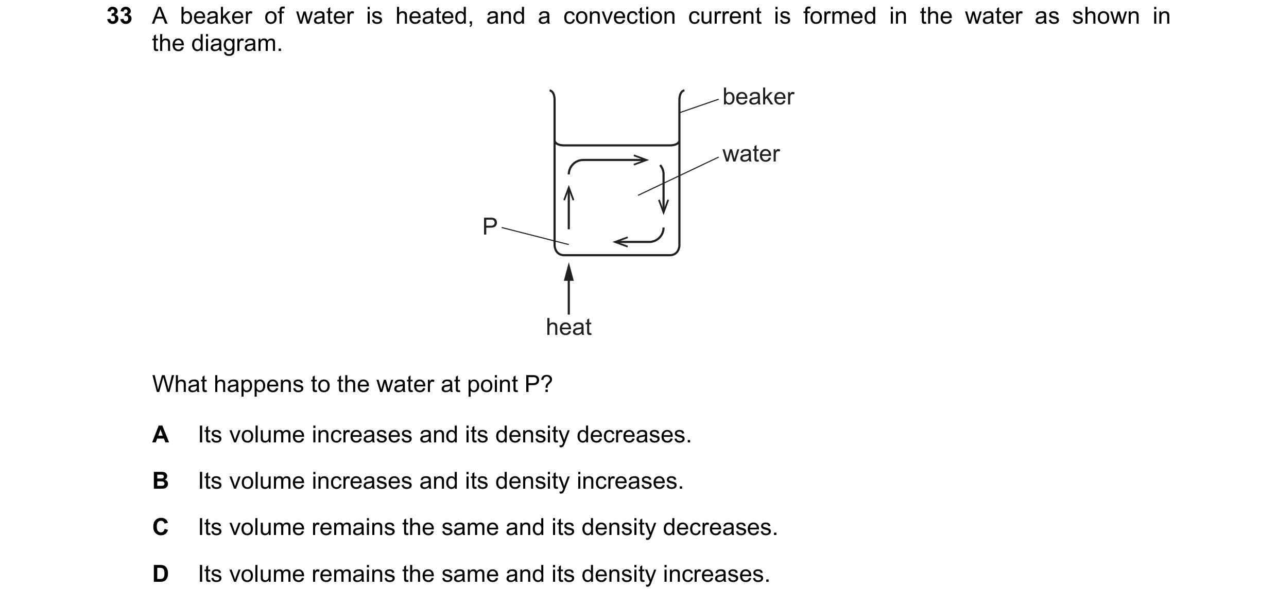 Question 63: A beaker of water is heated, and a convection current is formed in the water as shown in the diagram. beaker water P heat What happens to t…