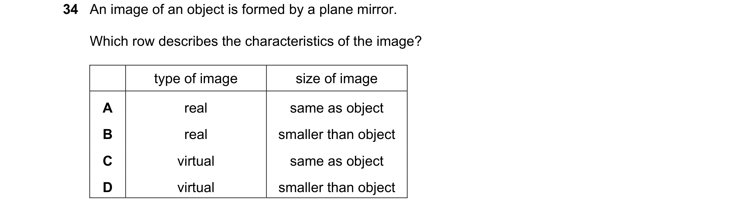 Question 54: An image of an object is formed by a plane mirror. Which row describes the characteristics of the image? type of image size of image A real…