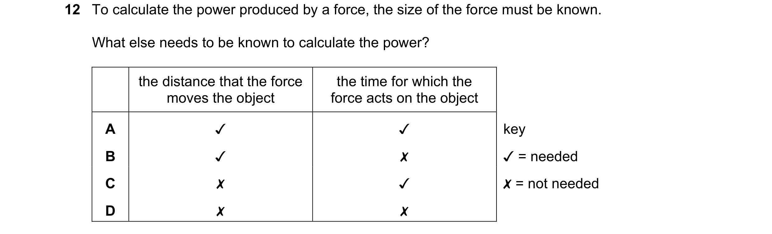 Question 109: To calculate the power produced by a force, the size of the force must be known.
What else needs to be known to calculate the power?
the …