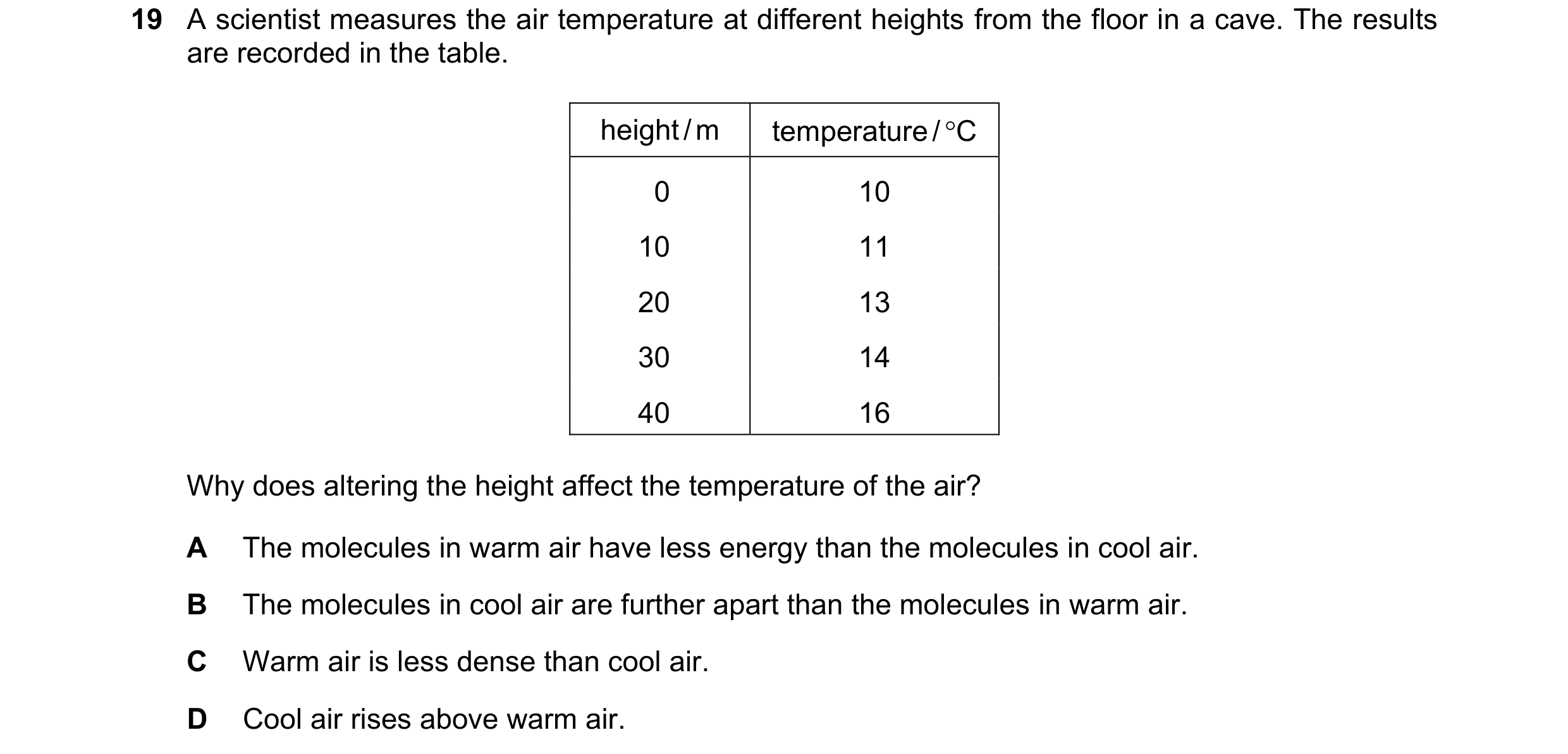 Question 43: A scientist measures the air temperature at different heights from the floor in a cave. The results are recorded in the table. height / m t…