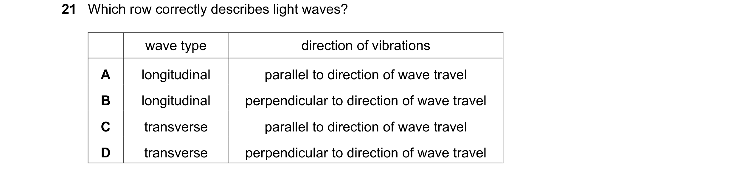 Question 66: Which row correctly describes light waves? wave type direction of vibrations A longitudinal parallel to direction of wave travel B longitud…