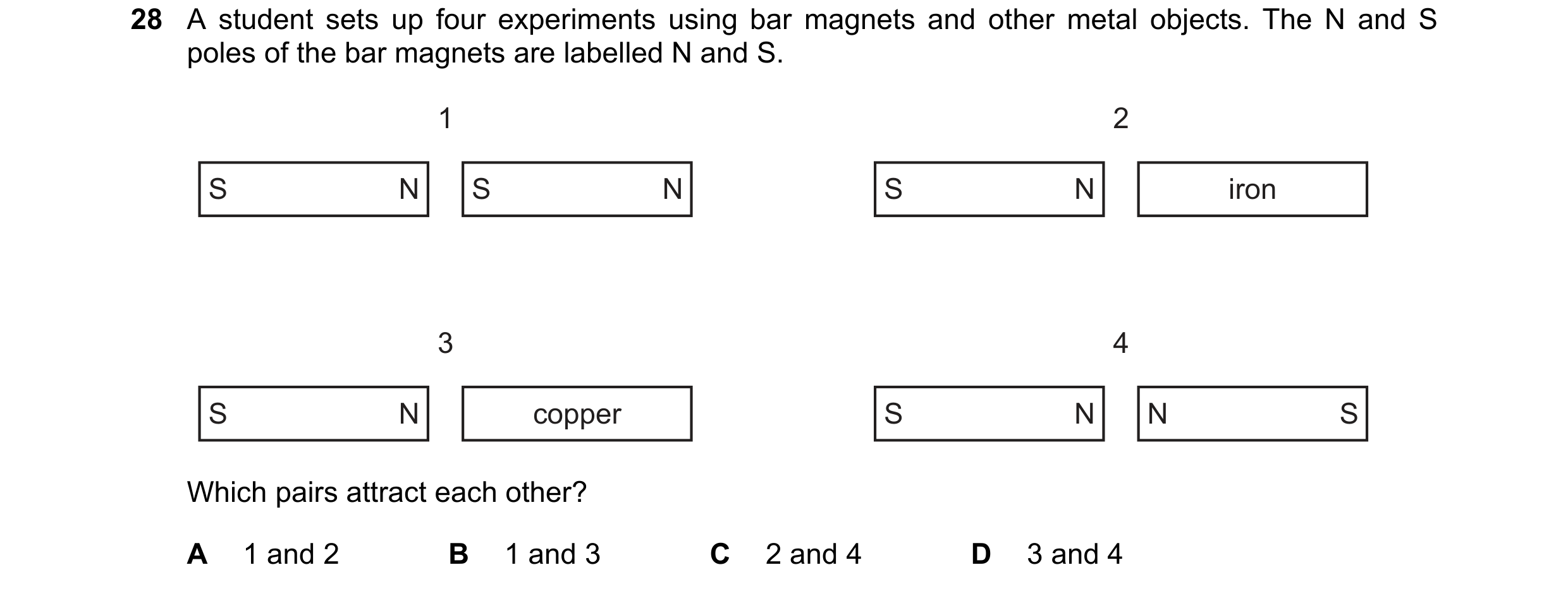Question 71: A student sets up four experiments using bar magnets and other metal objects. The N and S poles of the bar magnets are labelled N and S. 1 …