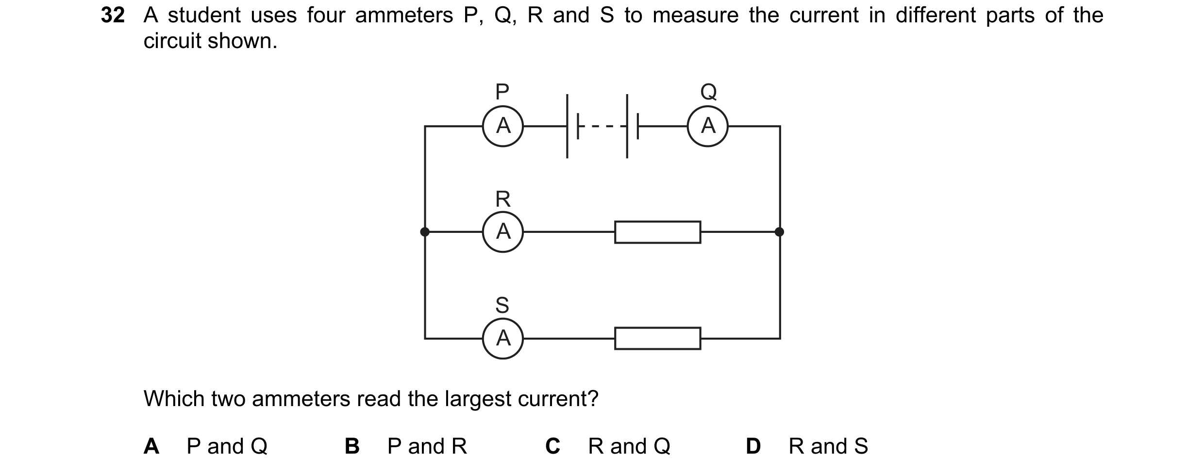 Question 168: A student uses four ammeters P, Q, R and S to measure the current in different parts of the circuit shown. P Q A A R A S A Which two ammete…