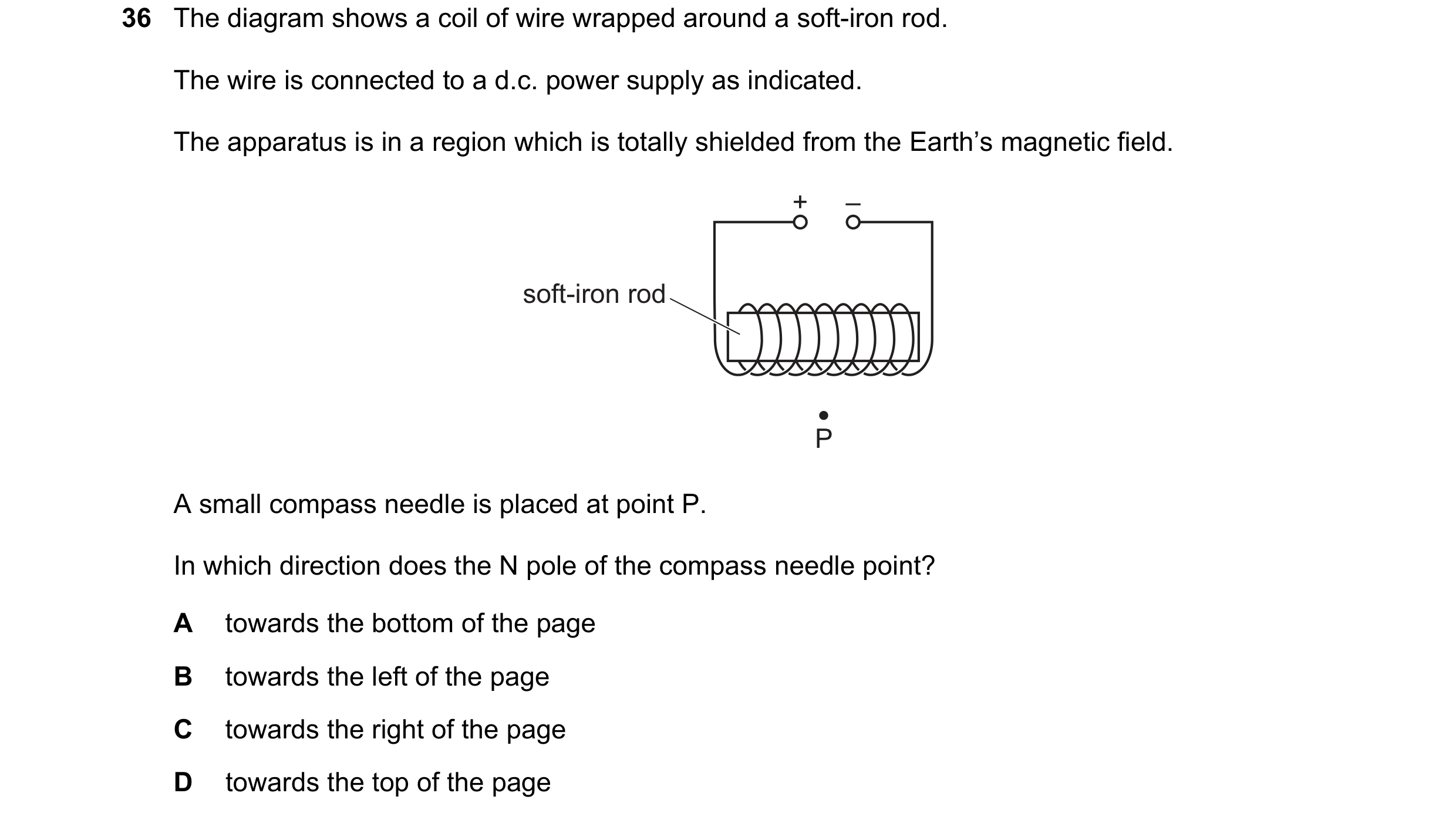 Question 88: The diagram shows a coil of wire wrapped around a soft-iron rod. The wire is connected to a d.c. power supply as indicated. The apparatus i…
