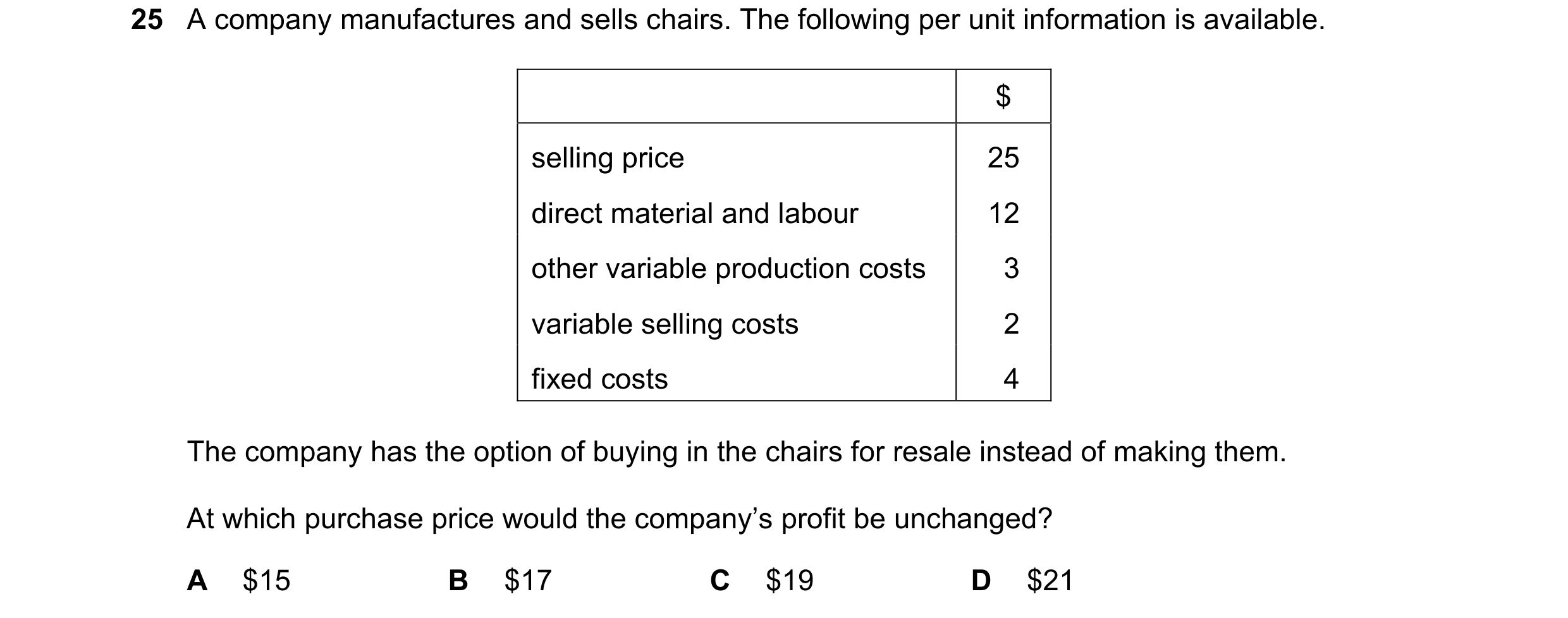 Question 277: A company manufactures and sells chairs. The following per unit information is available. $ selling price 25 direct material and labour 12 …