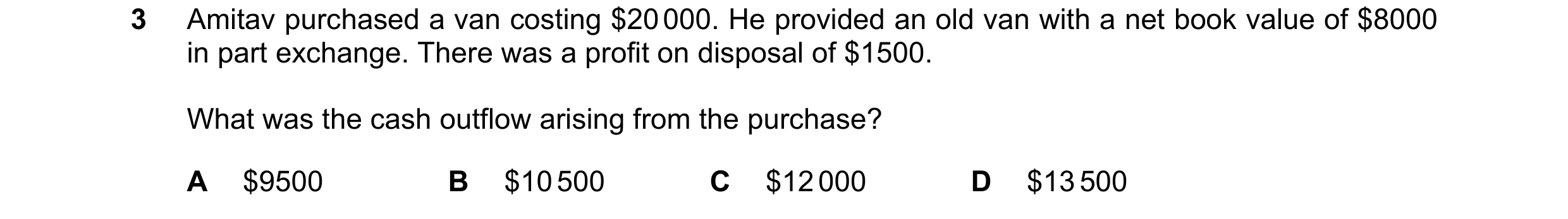 Question 127: Amitav purchased a van costing $20 000. He provided an old van with a net book value of $8000 in part exchange. There was a profit on dispo…